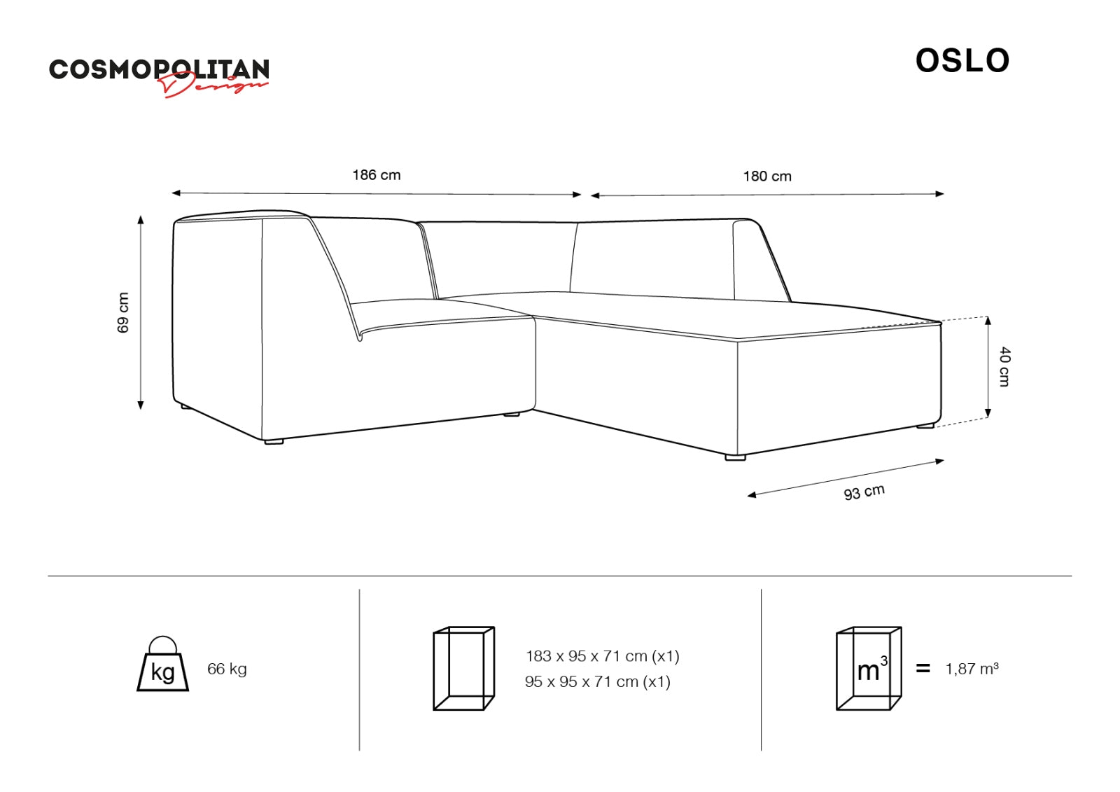 Oslo Modular Ecksofa rechts 3 Sitzer in Light Grey präsentiert im Onlineshop von KAQTU Design AG. Ecksofa rechts ist von Cosmopolitan Design