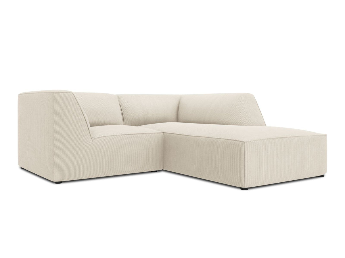 Modulares Ecksofa Siena rechts, 3-Sitzer in Light Beige-Scala Cordstoff, Massivholzrahmen, schwarze Kunststoffbeine, Sitzhöhe 40 cm.