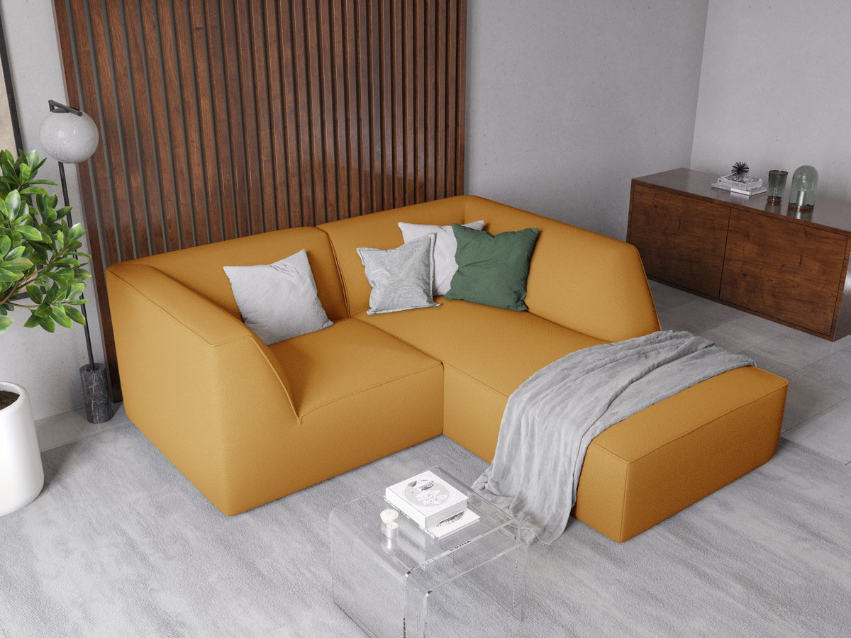 Modulares Ecksofa Siena rechts, 3-Sitzer in Light Beige-Scala Cordstoff, Massivholzrahmen, schwarze Kunststoffbeine, Sitzhöhe 40 cm.