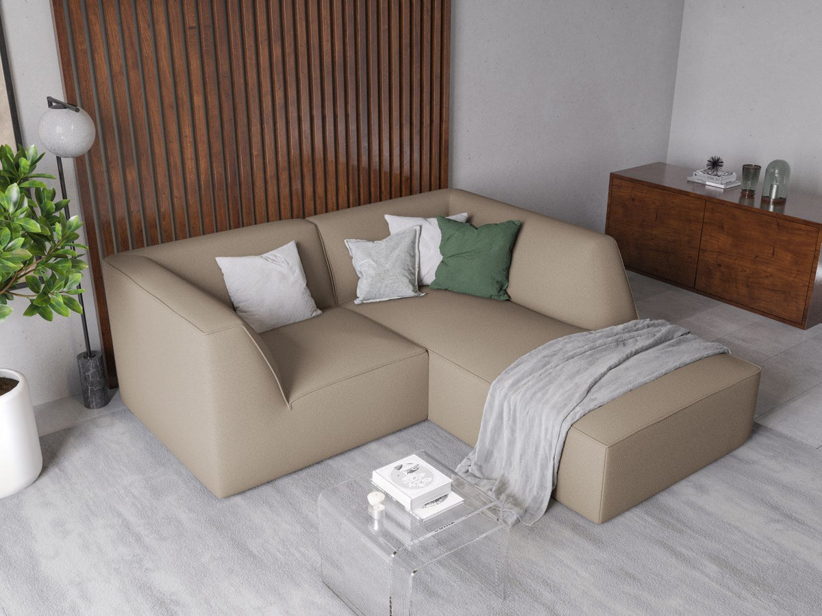 Modulares Ecksofa Siena rechts, 3-Sitzer in Light Beige-Scala Cordstoff, Massivholzrahmen, schwarze Kunststoffbeine, Sitzhöhe 40 cm.