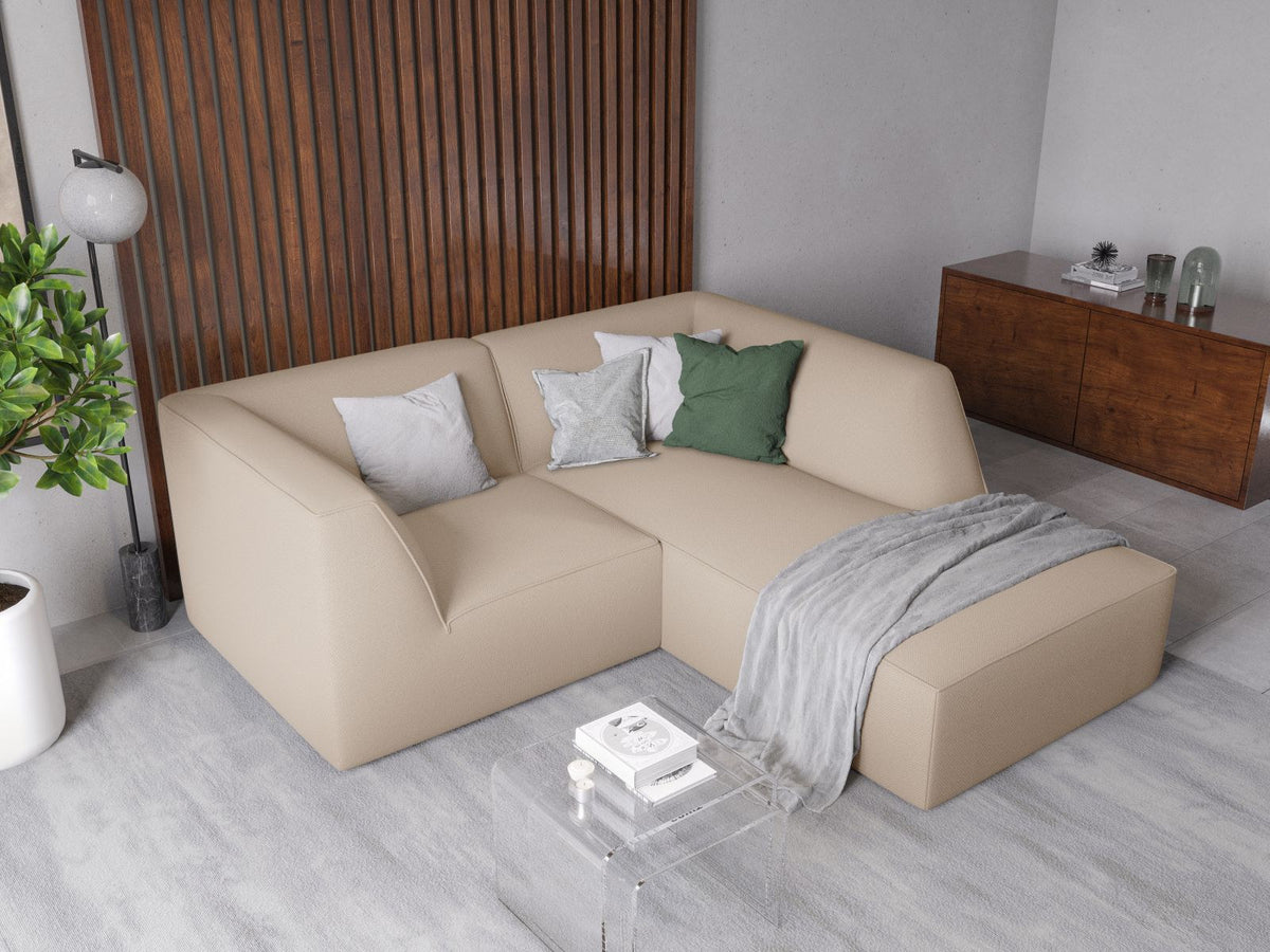 Modulares Ecksofa Siena rechts, 3-Sitzer in Light Beige-Scala Cordstoff, Massivholzrahmen, schwarze Kunststoffbeine, Sitzhöhe 40 cm.