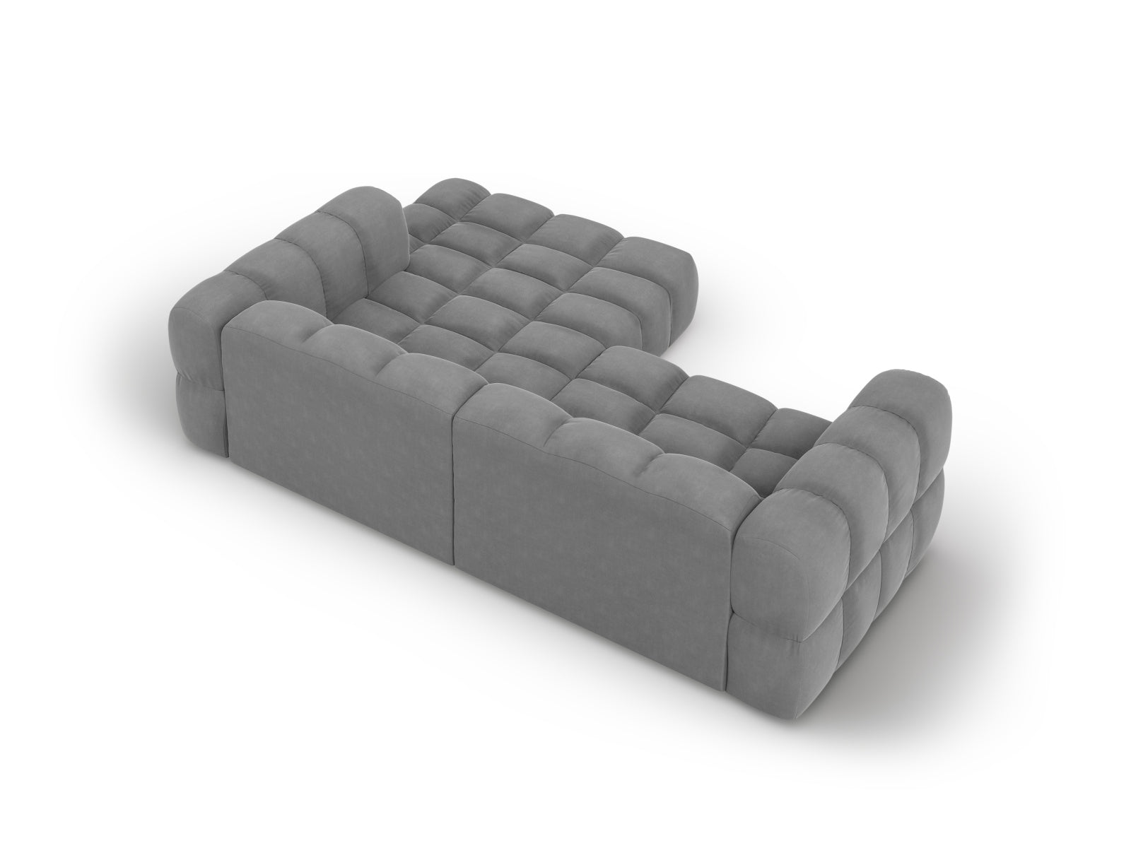 Elegantes, hellgraues Ecksofa aus Sky Velour, 3-Sitzer, rechte Variante, ideal für stilvolle Wohnräume von Cosmopolitan Design.