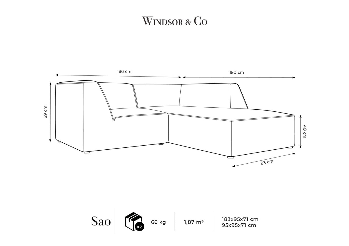 Modulares Ecksofa Siena in Beige-Salvador Samtstoff mit Récamiere, schwarzen Kunststoffbeinen und massivem Holzrahmen, rechts ausgerichtet.