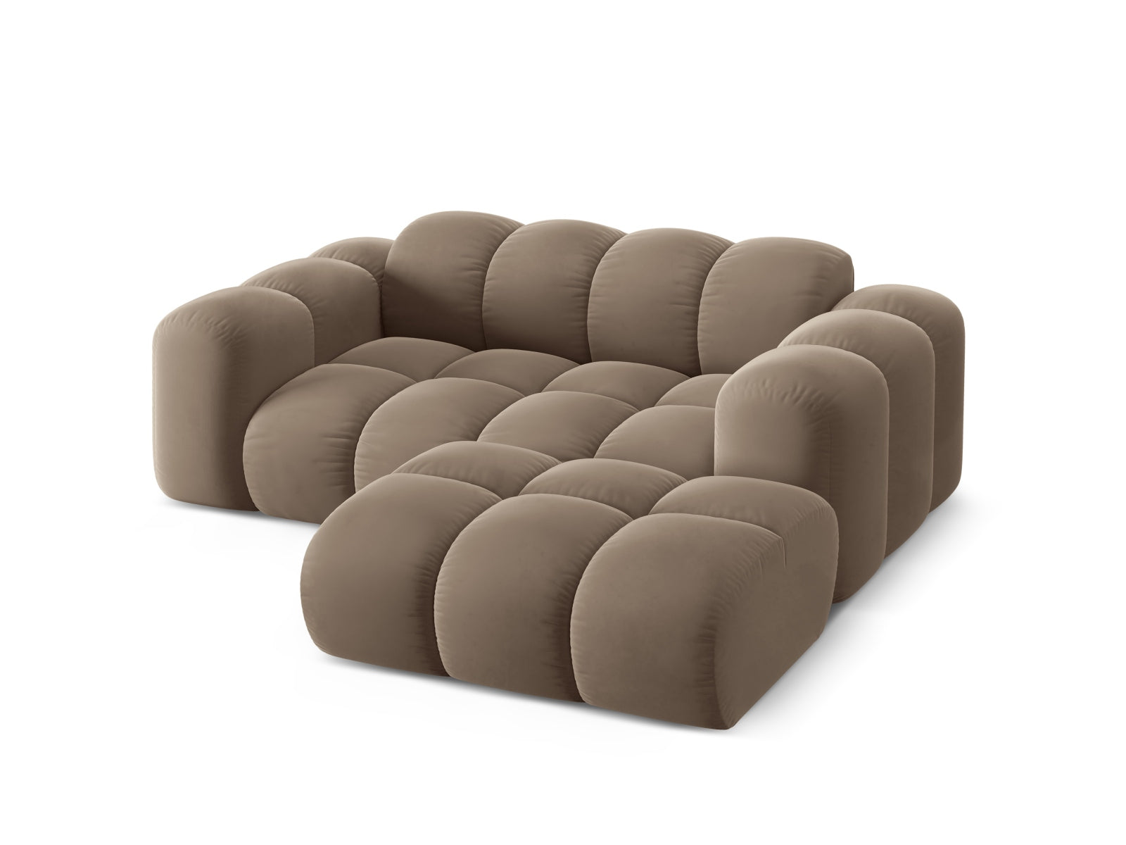 Elegantes 2-Sitzer Ecksofa Treno in hochwertigem Cappuccino-Bluvel, ideal für moderne Wohnräume und gesellige Stunden.