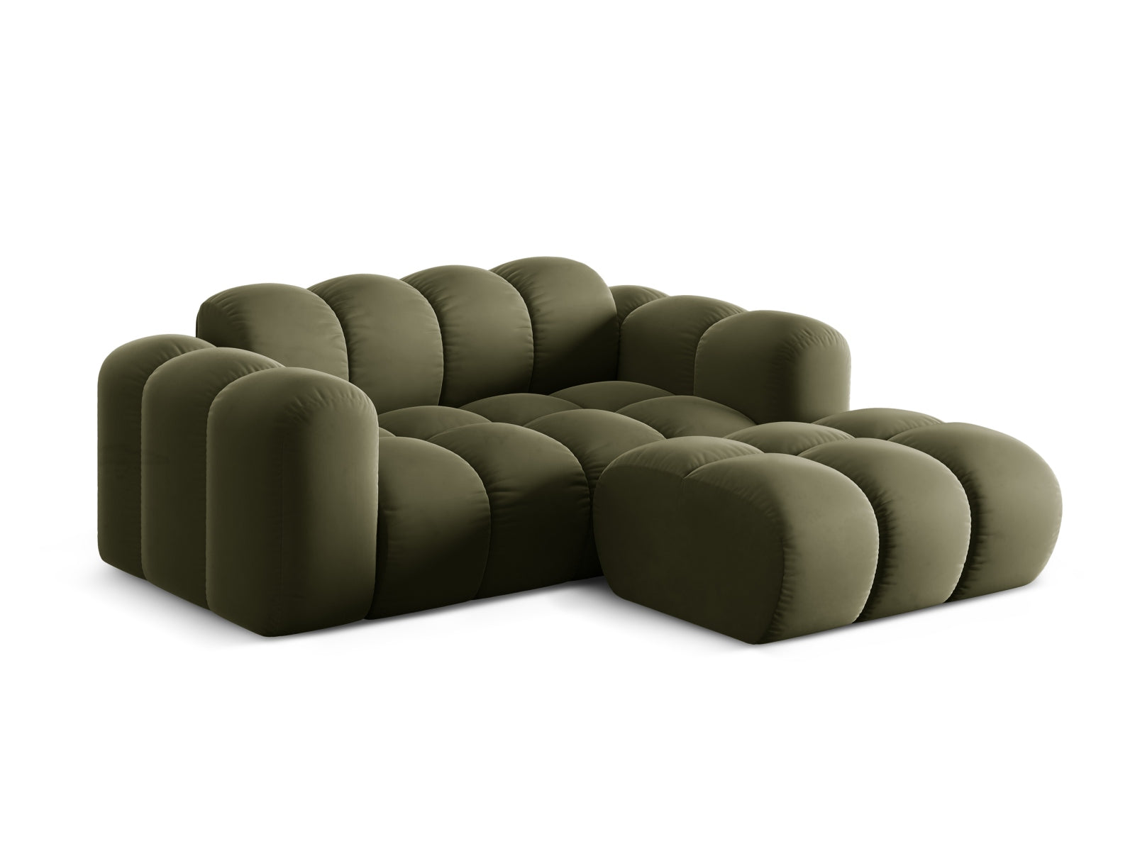 Modernes 2-Sitzer Ecksofa Treno in stilvollem Green-Bluvel, ideal für gemütliche Wohnräume, präsentiert von Cosmopolitan Design.