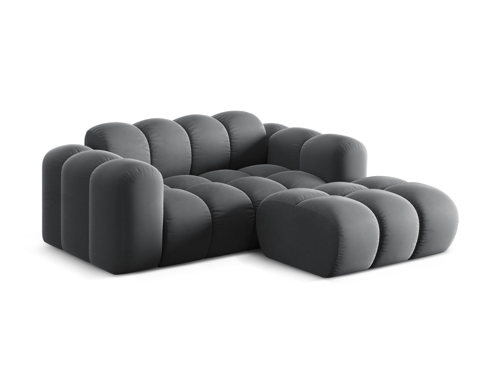 Stylisches 2-Sitzer Ecksofa Treno in Grau-Bluvel, ideal für moderne Wohnräume, präsentiert von Cosmopolitan Design.