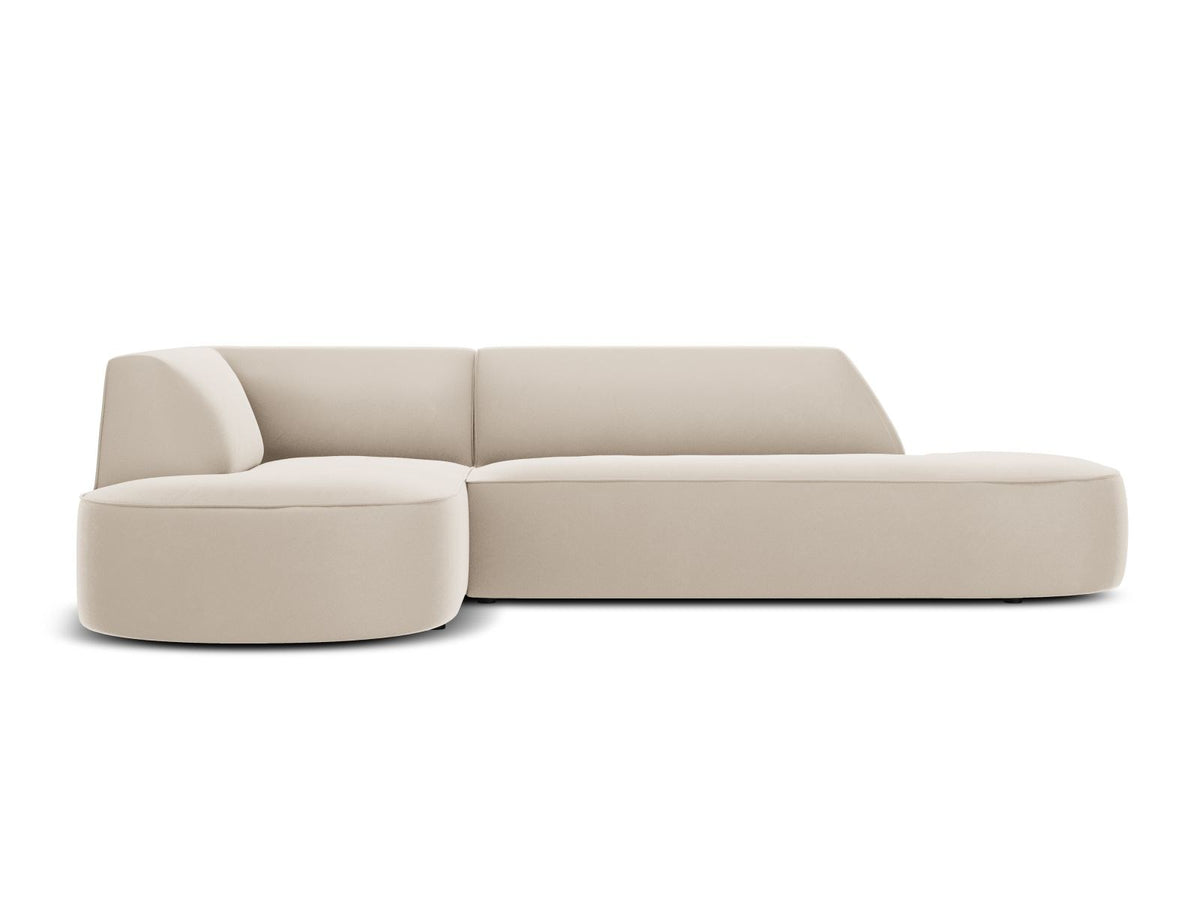 Modulares Ecksofa links in Beige-Salvador Samtstoff, schwarze Kunststoffbeine, Récamiere und gepolsterte Rückenlehne, 4-Sitzer, 180cm Breite.