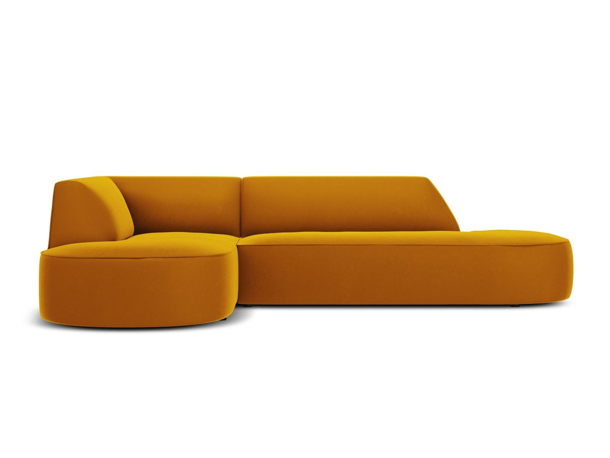 Modulares Ecksofa links in Beige-Salvador Samtstoff, schwarze Kunststoffbeine, Récamiere und gepolsterte Rückenlehne, 4-Sitzer, 180cm Breite.