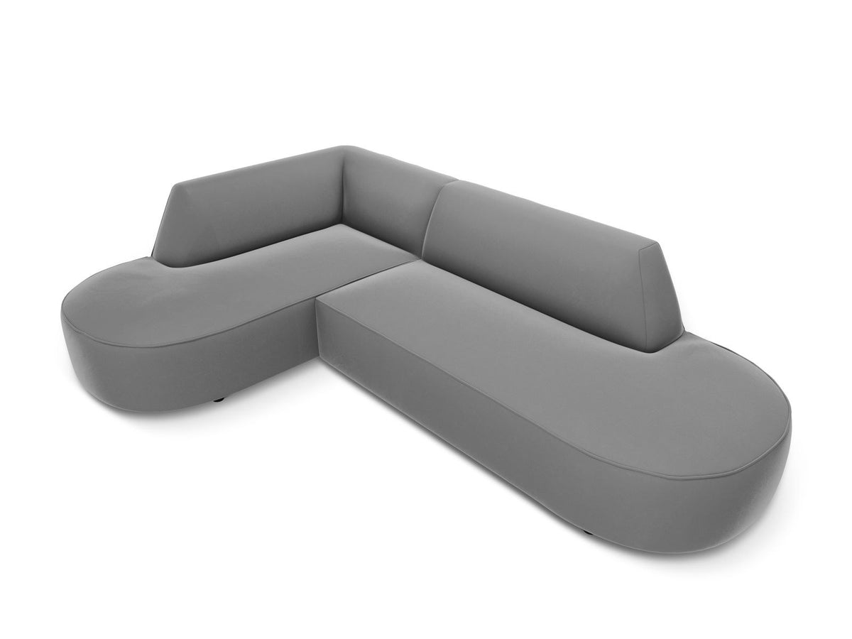 Modulares Ecksofa links in Beige-Salvador Samtstoff, schwarze Kunststoffbeine, Récamiere und gepolsterte Rückenlehne, 4-Sitzer, 180cm Breite.