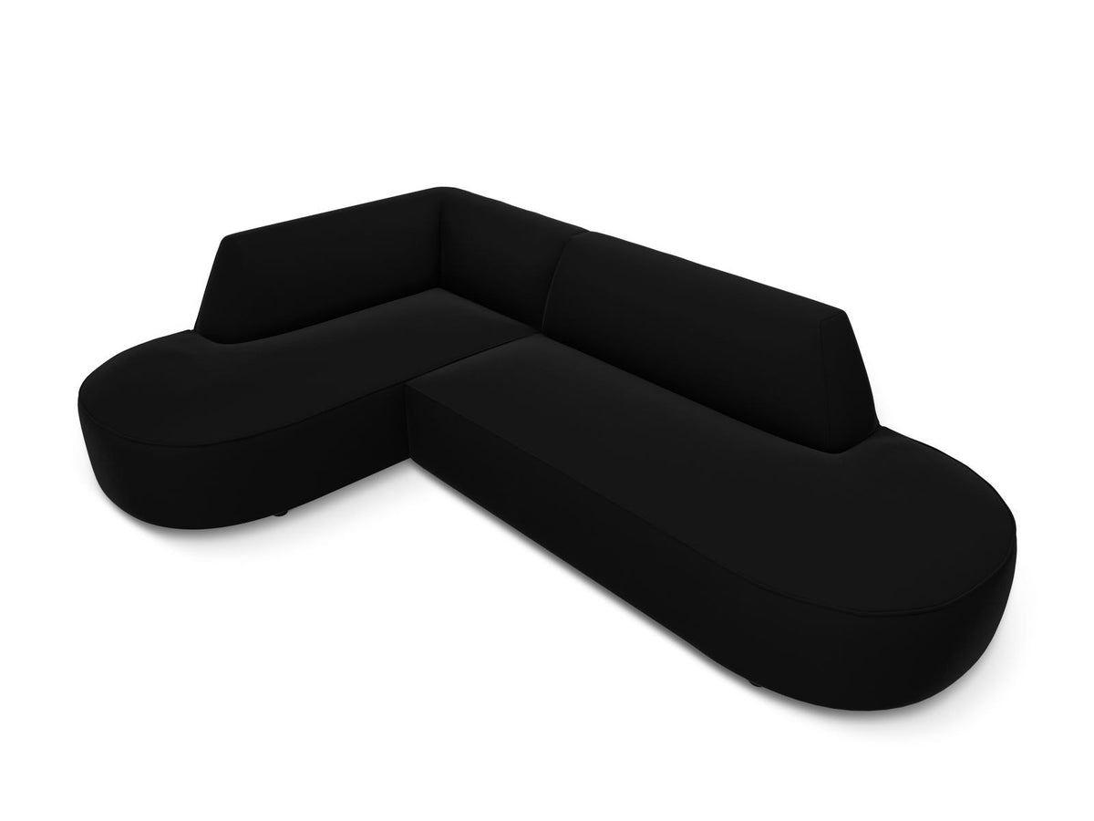 Modulares Ecksofa links in Beige-Salvador Samtstoff, schwarze Kunststoffbeine, Récamiere und gepolsterte Rückenlehne, 4-Sitzer, 180cm Breite.