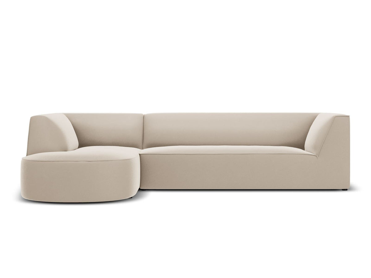 Modulares Ecksofa links in Beige-Salvador Samtstoff, schwarze Kunststoffbeine, Récamiere und gepolsterte Rückenlehne, 4-Sitzer, 180cm Breite.