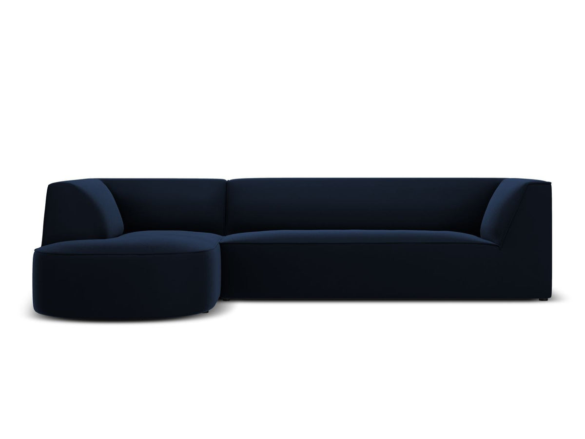 Modulares Ecksofa links in Beige-Salvador Samtstoff, schwarze Kunststoffbeine, Récamiere und gepolsterte Rückenlehne, 4-Sitzer, 180cm Breite.