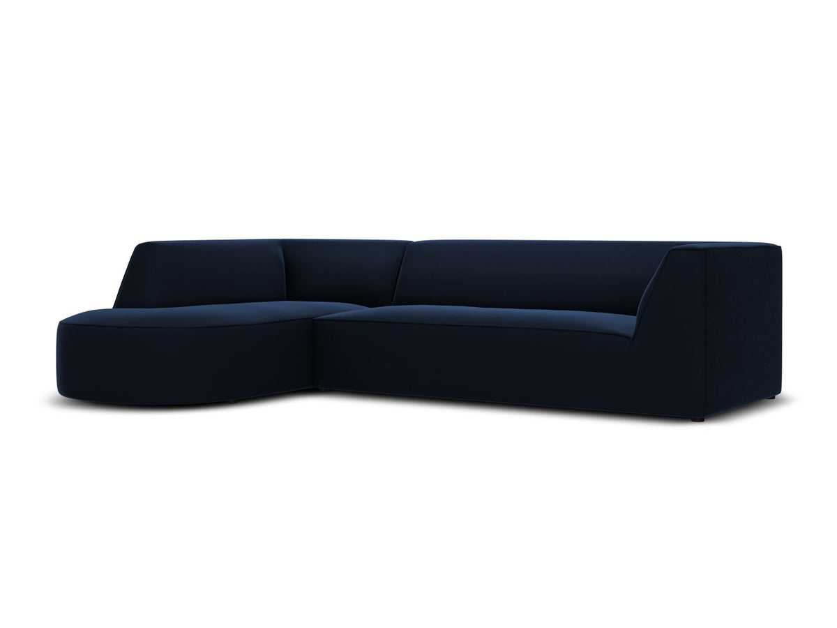 Modulares Ecksofa links in Beige-Salvador Samtstoff, schwarze Kunststoffbeine, Récamiere und gepolsterte Rückenlehne, 4-Sitzer, 180cm Breite.