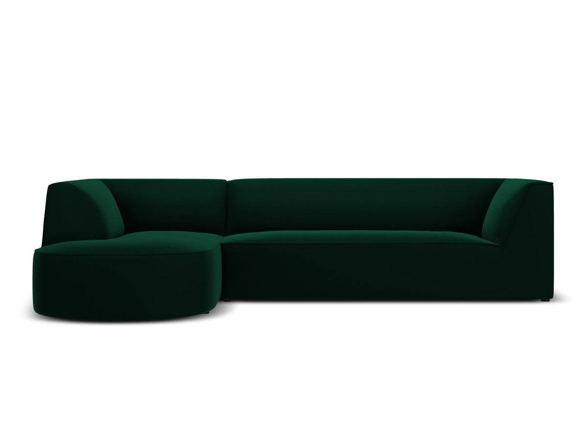 Modulares Ecksofa links in Beige-Salvador Samtstoff, schwarze Kunststoffbeine, Récamiere und gepolsterte Rückenlehne, 4-Sitzer, 180cm Breite.