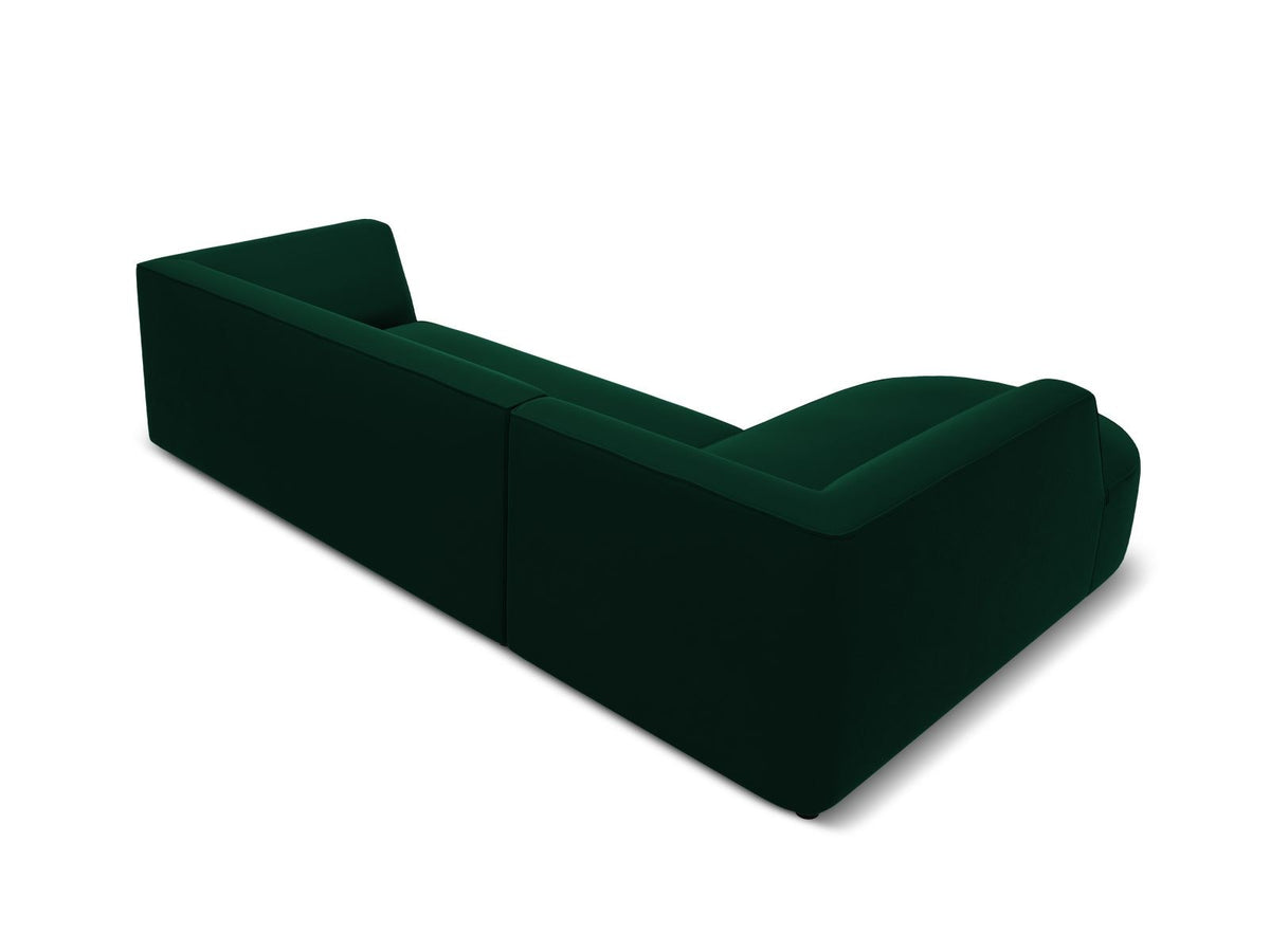 Modulares Ecksofa links in Beige-Salvador Samtstoff, schwarze Kunststoffbeine, Récamiere und gepolsterte Rückenlehne, 4-Sitzer, 180cm Breite.