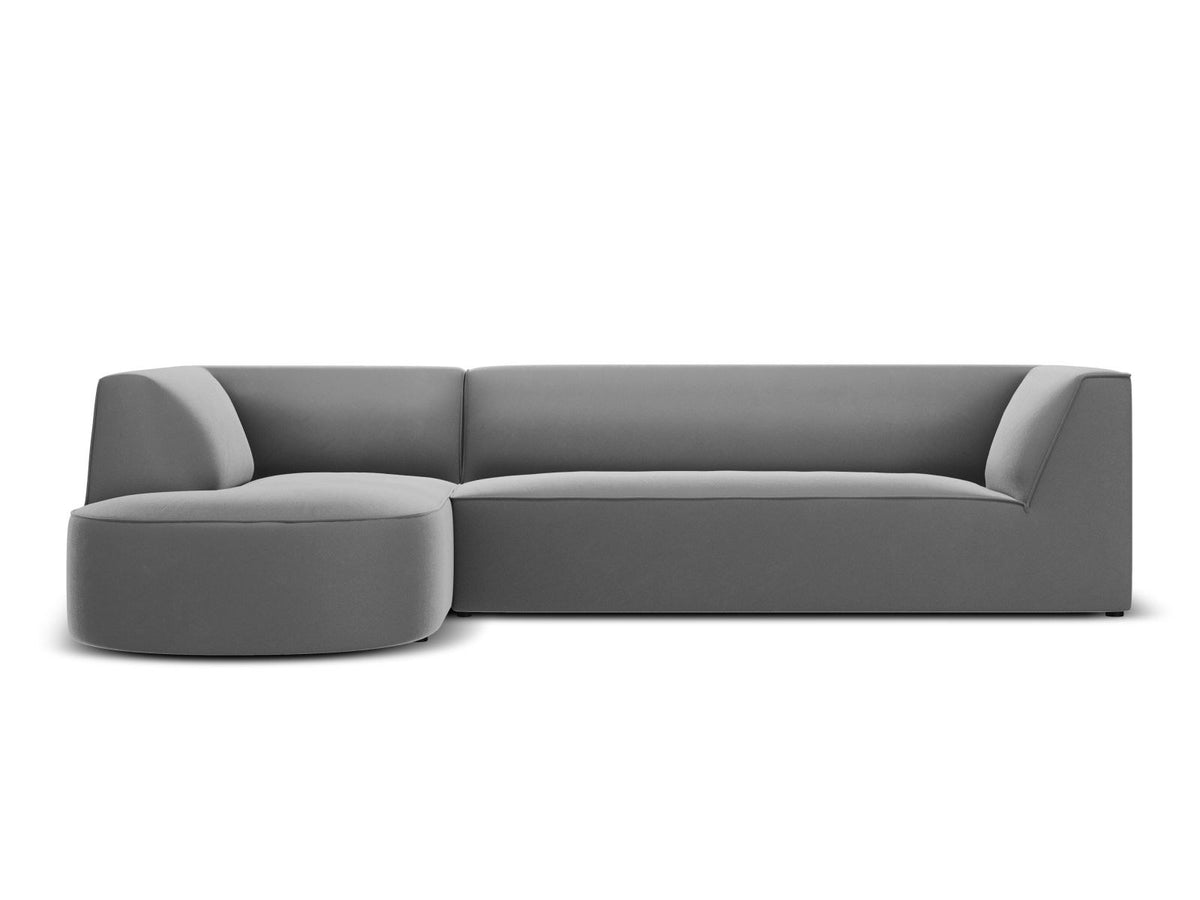 Modulares Ecksofa links in Beige-Salvador Samtstoff, schwarze Kunststoffbeine, Récamiere und gepolsterte Rückenlehne, 4-Sitzer, 180cm Breite.