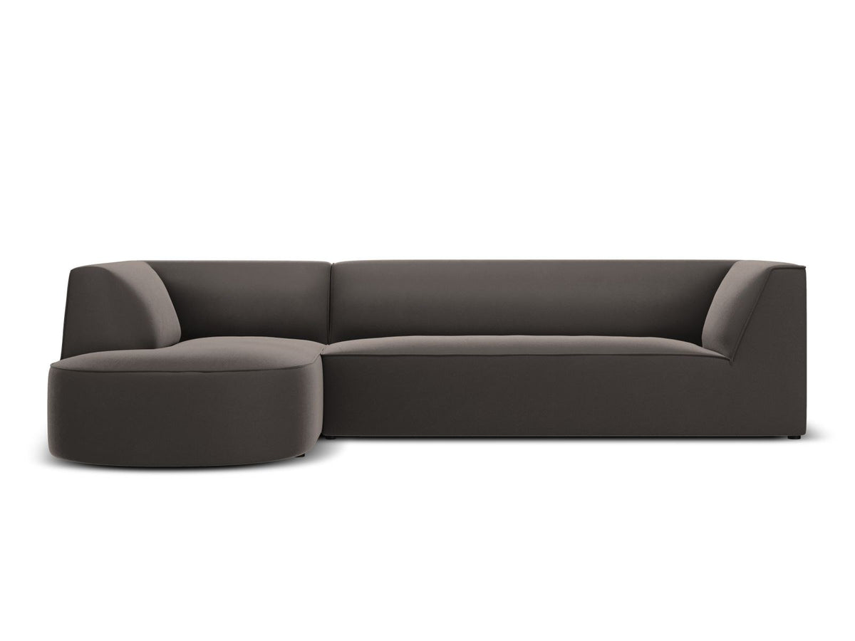 Modulares Ecksofa links in Beige-Salvador Samtstoff, schwarze Kunststoffbeine, Récamiere und gepolsterte Rückenlehne, 4-Sitzer, 180cm Breite.