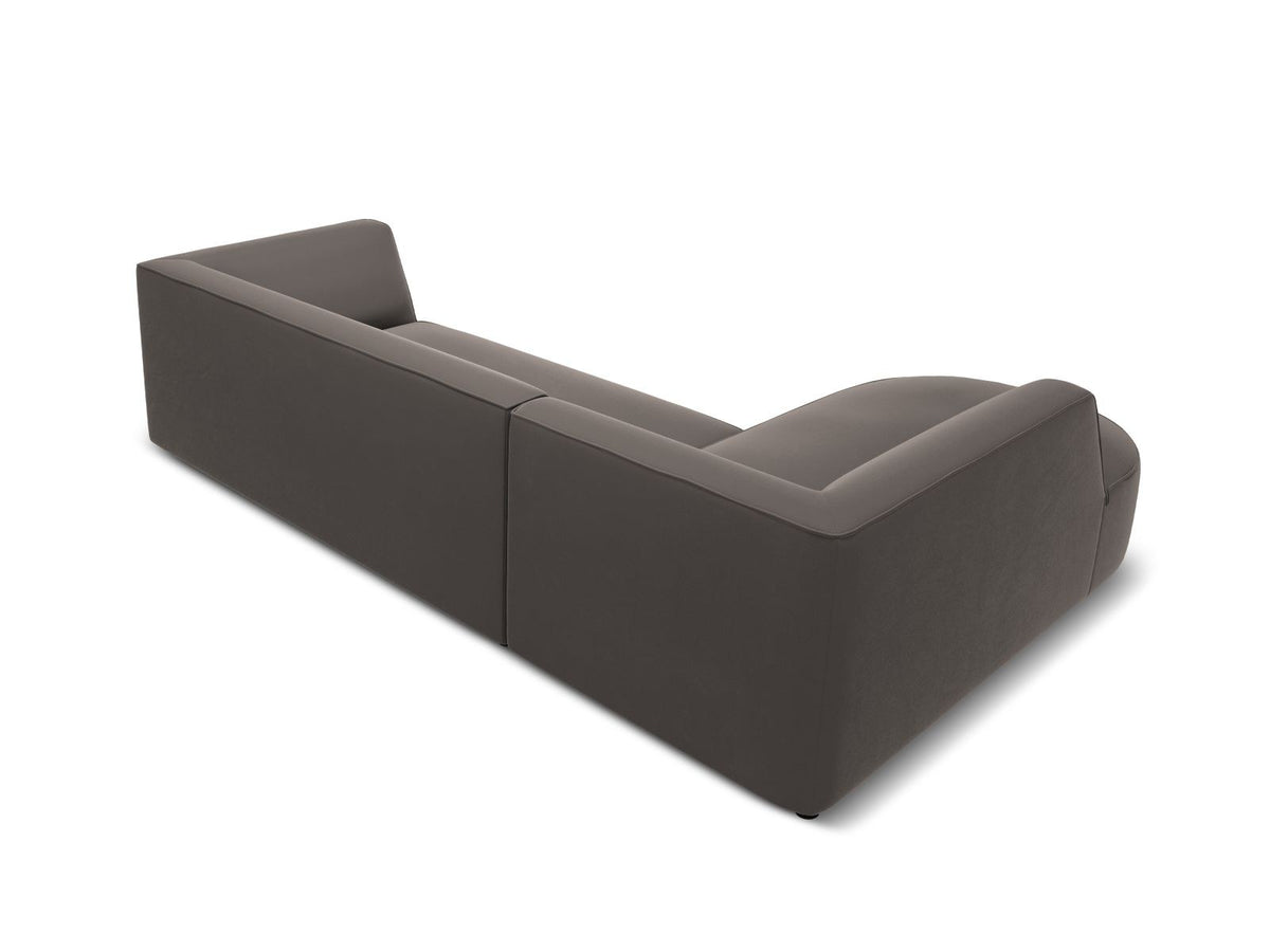 Modulares Ecksofa links in Beige-Salvador Samtstoff, schwarze Kunststoffbeine, Récamiere und gepolsterte Rückenlehne, 4-Sitzer, 180cm Breite.