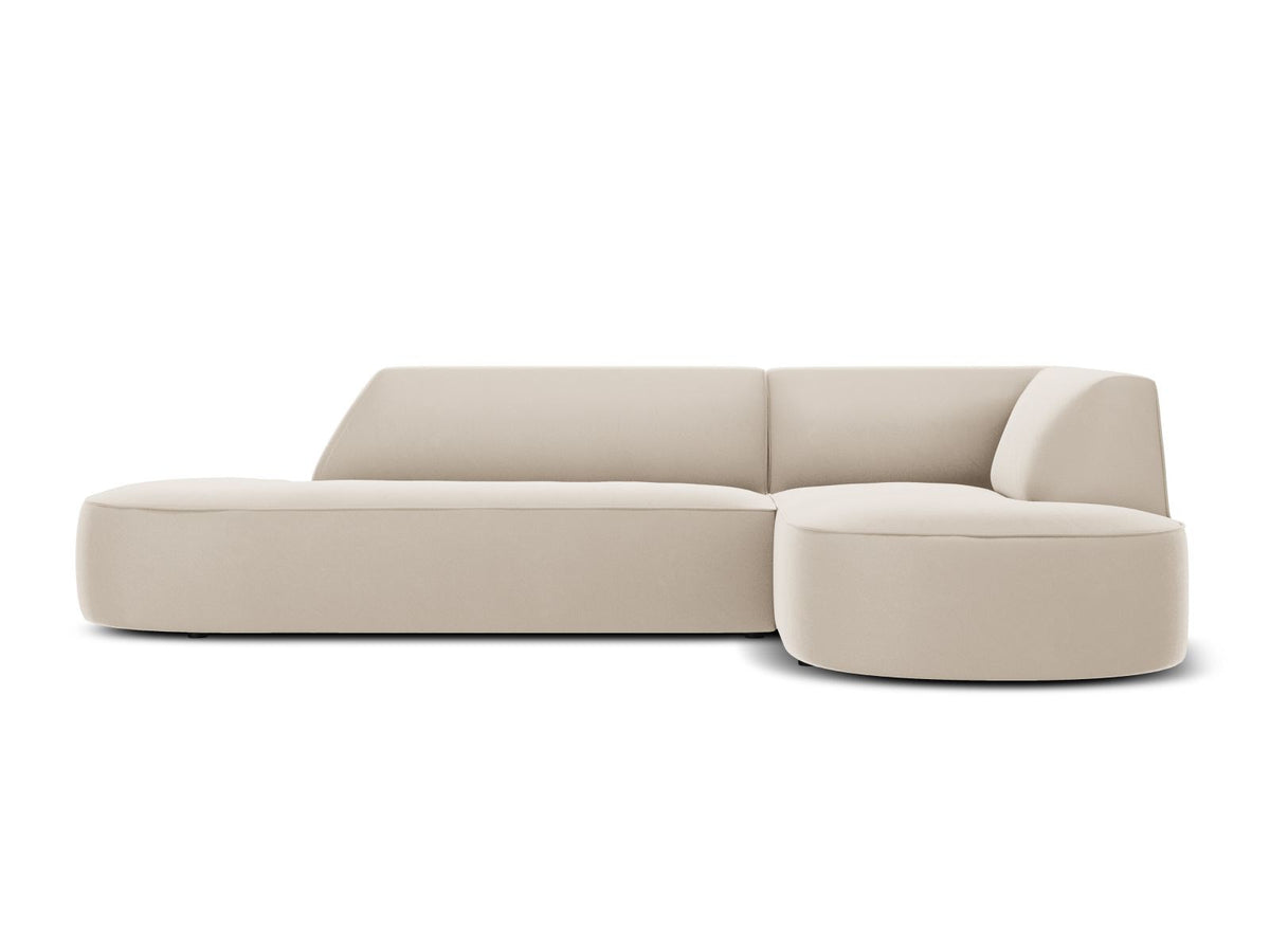 Modulares Ecksofa rechts Siena in Beige-Salvador Samtstoff mit schwarzen Kunststoffbeinen, Récamiere und Massivholzrahmen, 4-Sitzer, 180 cm.