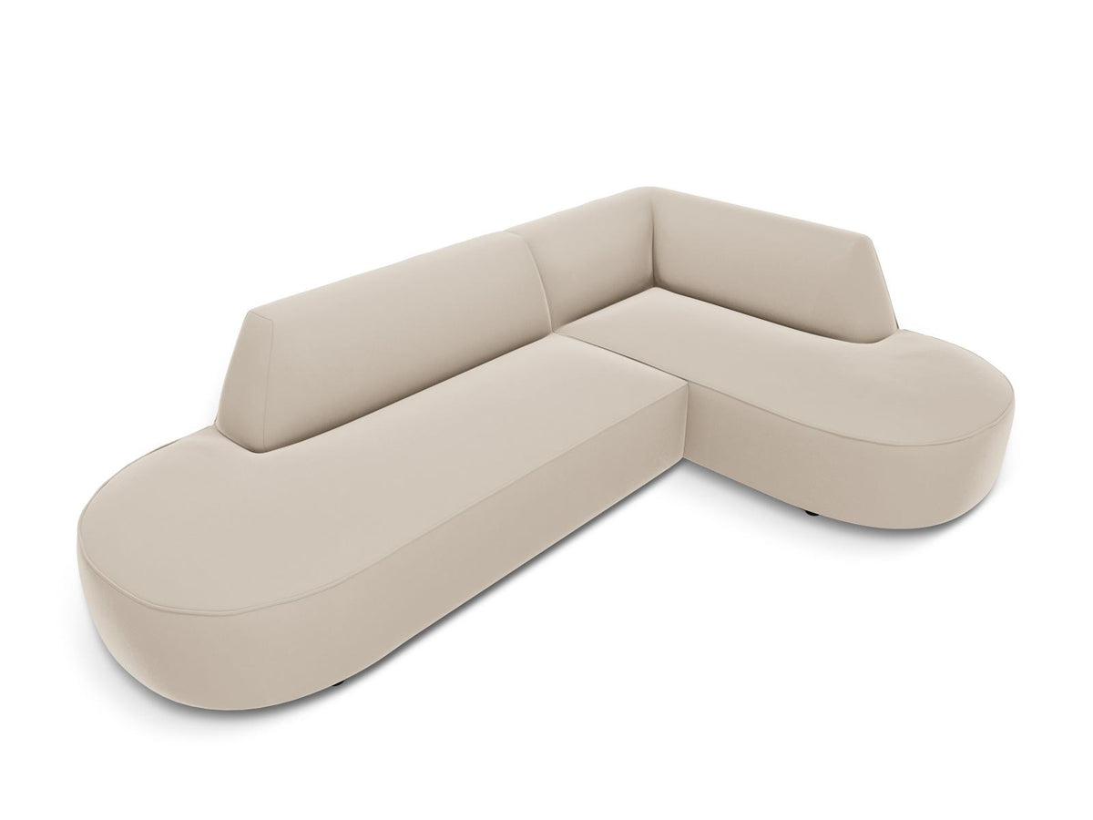 Modulares Ecksofa rechts Siena in Beige-Salvador Samtstoff mit schwarzen Kunststoffbeinen, Récamiere und Massivholzrahmen, 4-Sitzer, 180 cm.