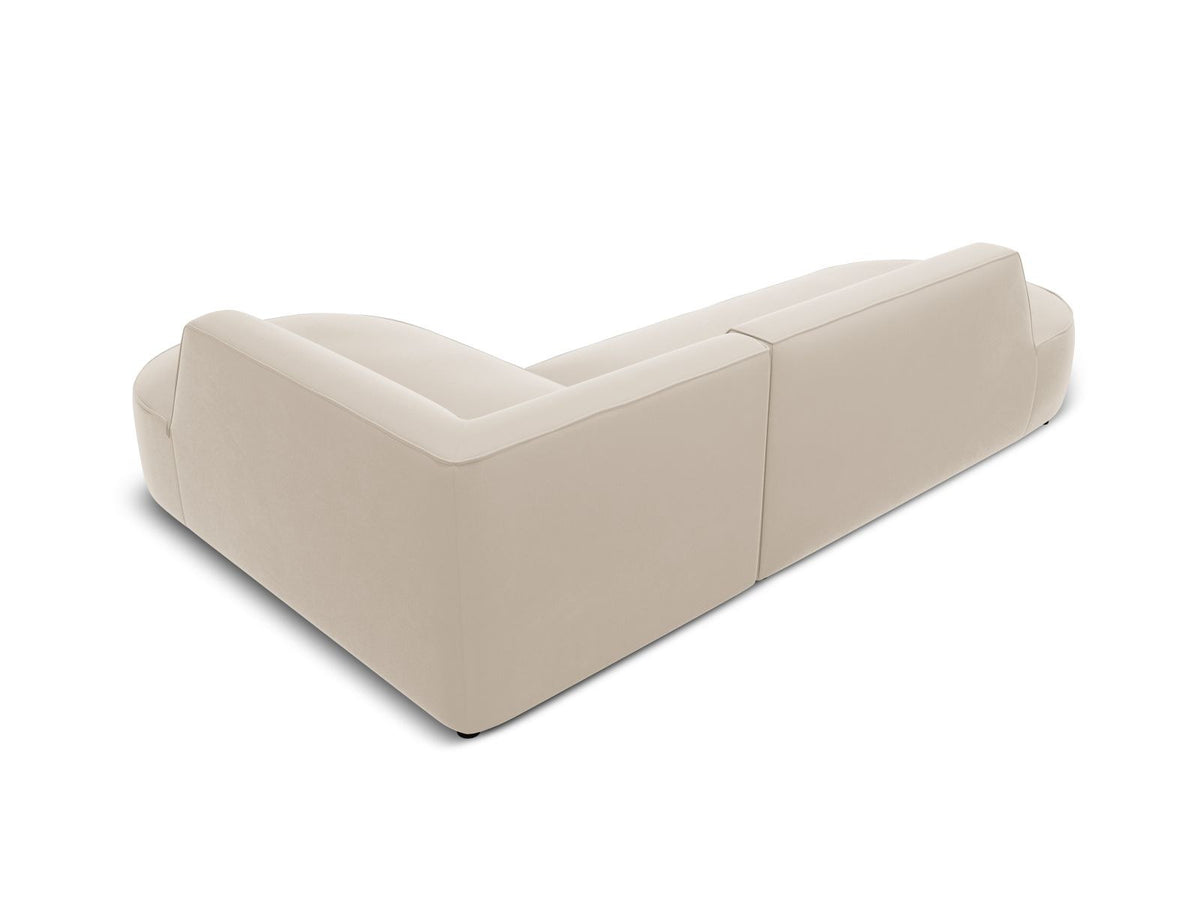 Modulares Ecksofa rechts Siena in Beige-Salvador Samtstoff mit schwarzen Kunststoffbeinen, Récamiere und Massivholzrahmen, 4-Sitzer, 180 cm.