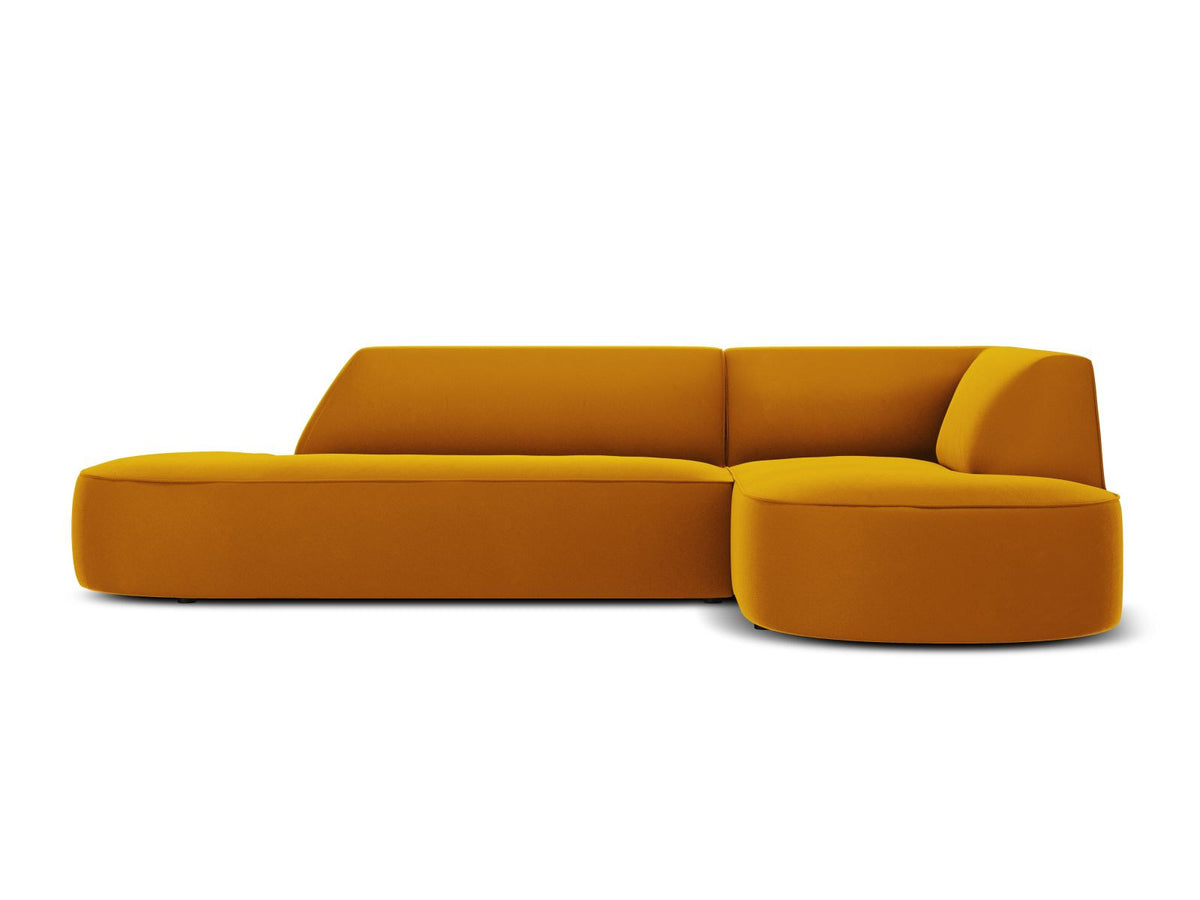 Modulares Ecksofa rechts Siena in Beige-Salvador Samtstoff mit schwarzen Kunststoffbeinen, Récamiere und Massivholzrahmen, 4-Sitzer, 180 cm.