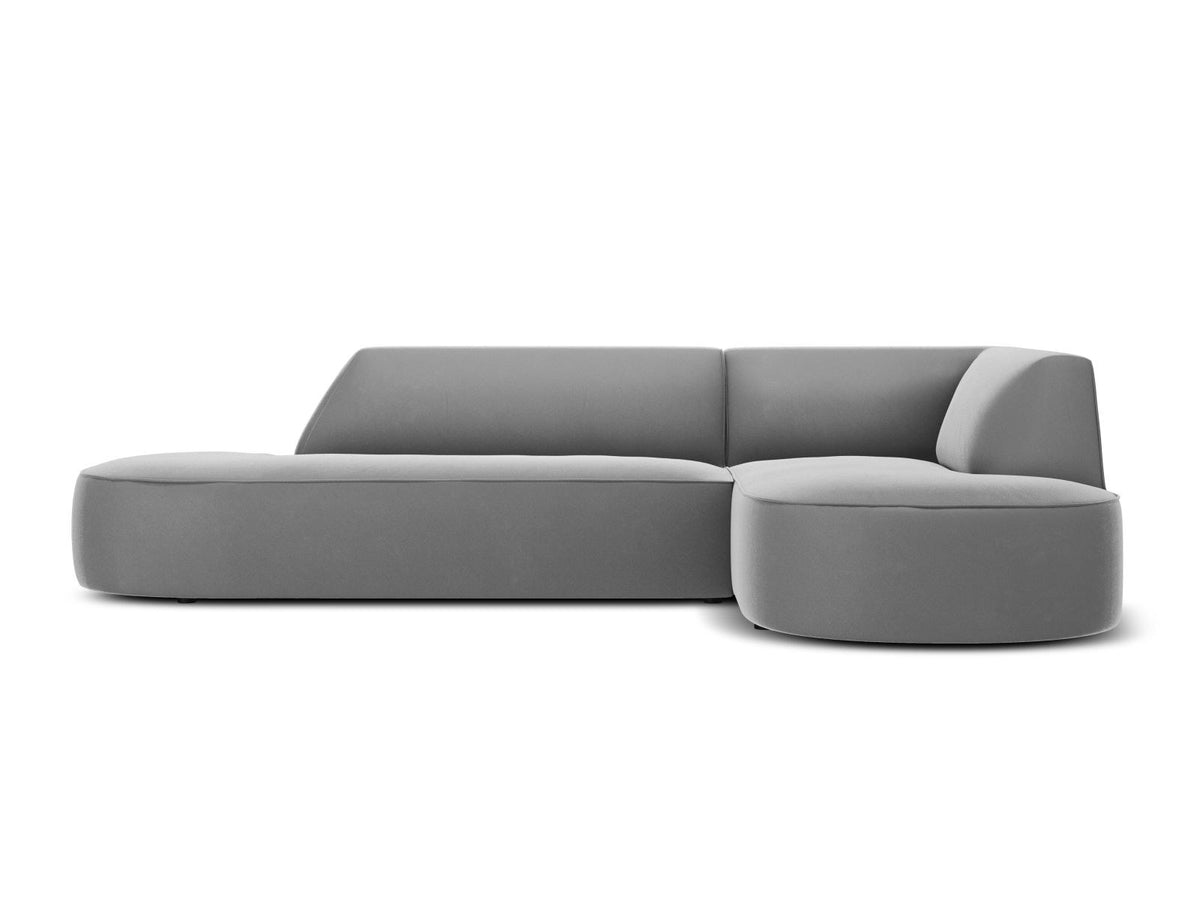 Modulares Ecksofa rechts Siena in Beige-Salvador Samtstoff mit schwarzen Kunststoffbeinen, Récamiere und Massivholzrahmen, 4-Sitzer, 180 cm.