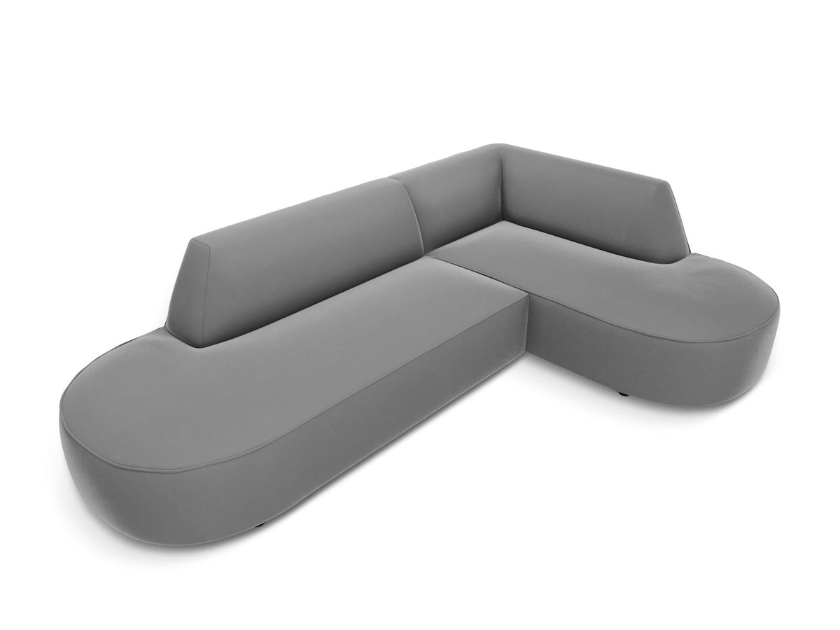 Modulares Ecksofa rechts Siena in Beige-Salvador Samtstoff mit schwarzen Kunststoffbeinen, Récamiere und Massivholzrahmen, 4-Sitzer, 180 cm.