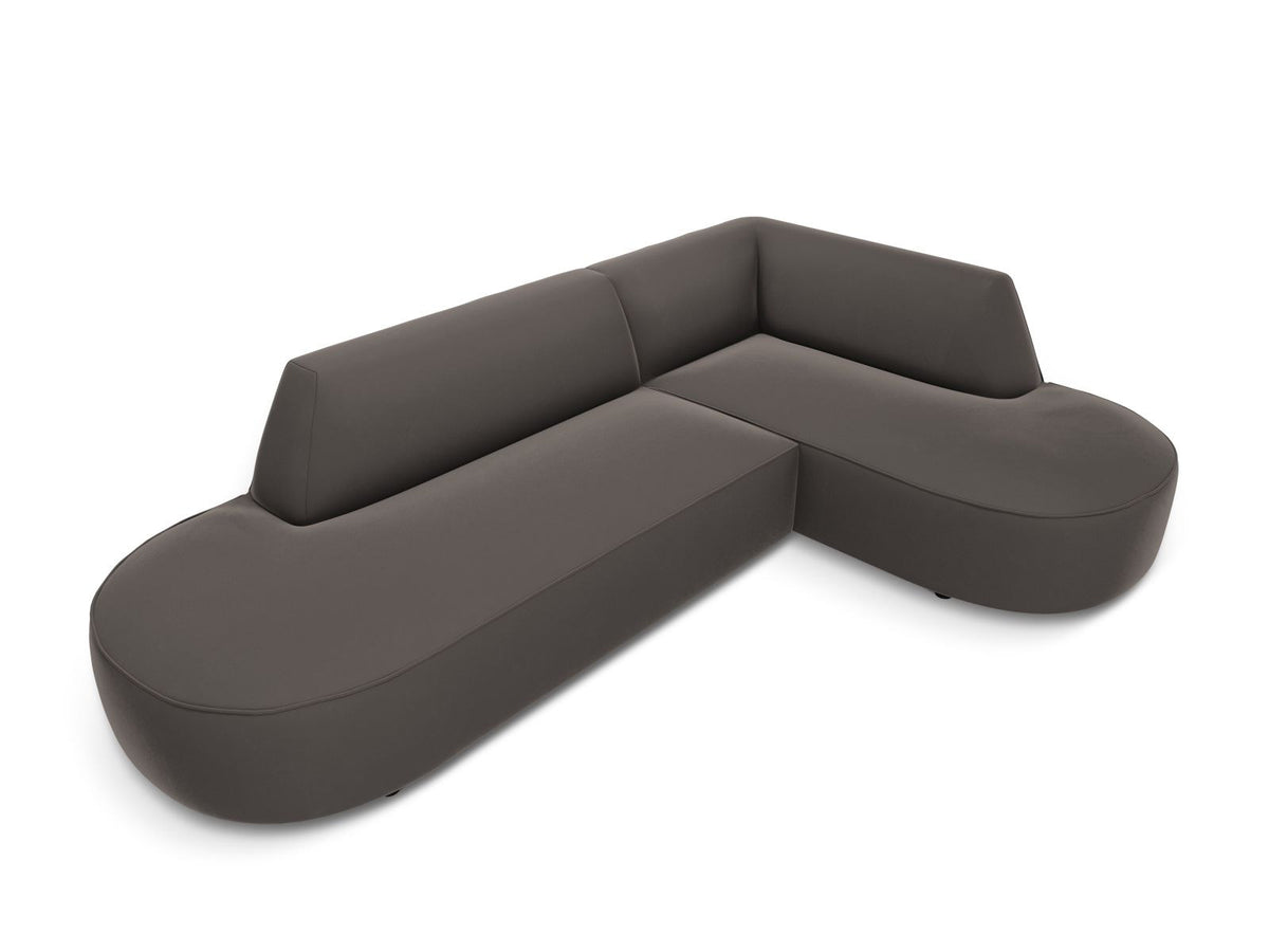 Modulares Ecksofa rechts Siena in Beige-Salvador Samtstoff mit schwarzen Kunststoffbeinen, Récamiere und Massivholzrahmen, 4-Sitzer, 180 cm.