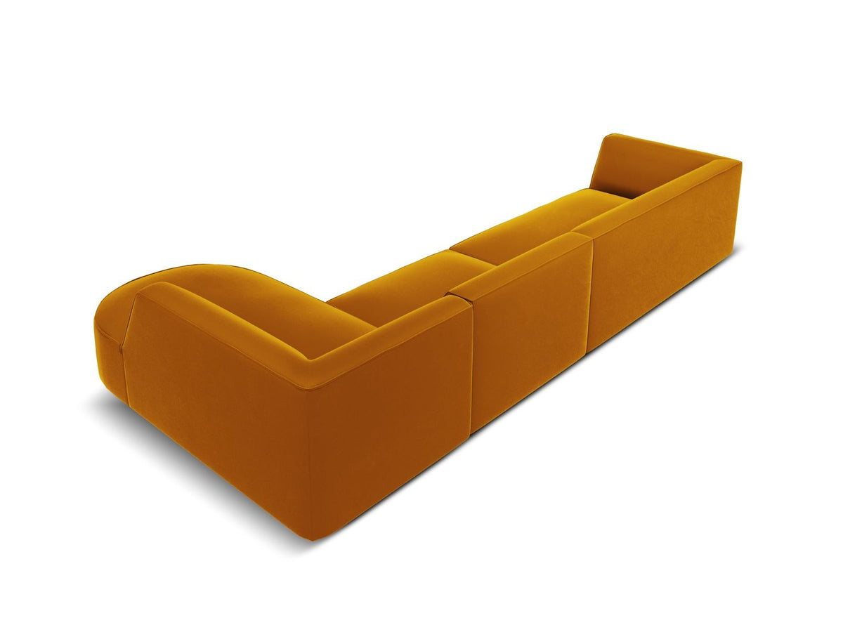 Modulares Ecksofa rechts mit Samtbezug in Beige-Salvador, Récamiere, Massivholzrahmen und schwarzen Kunststoffbeinen, 5-Sitzer Ausführung.