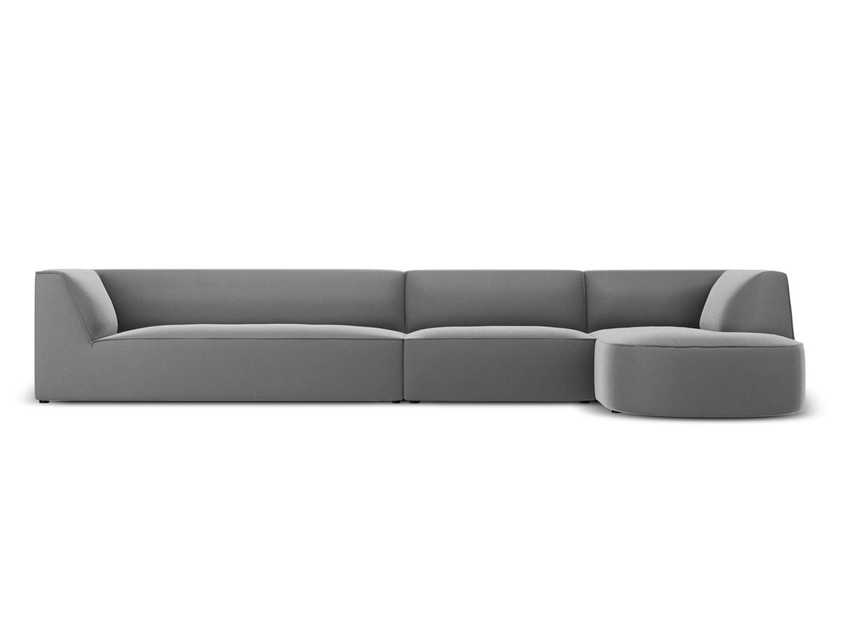 Modulares Ecksofa rechts mit Samtbezug in Beige-Salvador, Récamiere, Massivholzrahmen und schwarzen Kunststoffbeinen, 5-Sitzer Ausführung.