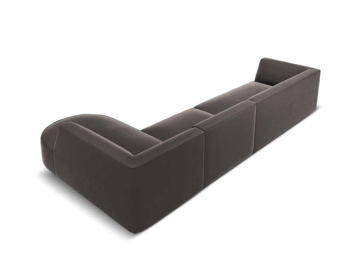 Modulares Ecksofa rechts mit Samtbezug in Beige-Salvador, Récamiere, Massivholzrahmen und schwarzen Kunststoffbeinen, 5-Sitzer Ausführung.