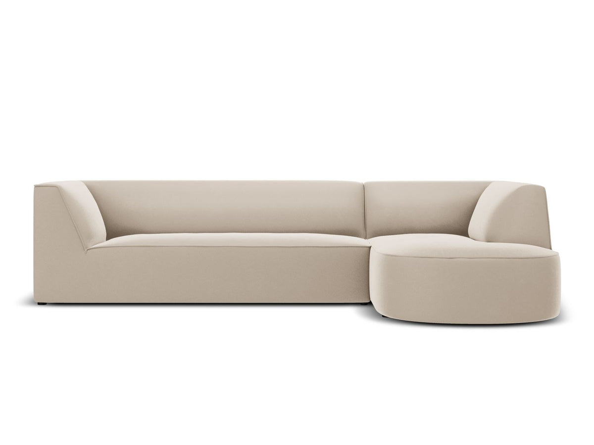 Modulares Ecksofa rechts Siena in Beige-Salvador Samtstoff mit schwarzen Kunststoffbeinen, Récamiere und Massivholzrahmen, 4-Sitzer, 180 cm.