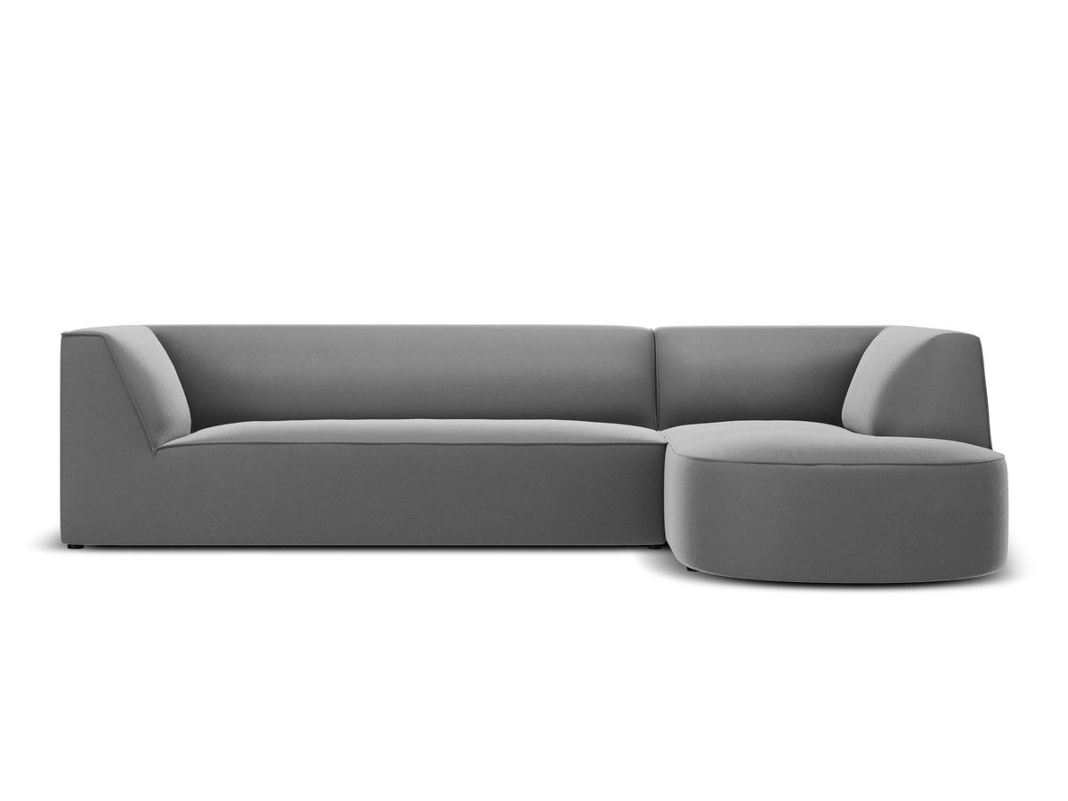 Modulares Ecksofa rechts Siena in Beige-Salvador Samtstoff mit schwarzen Kunststoffbeinen, Récamiere und Massivholzrahmen, 4-Sitzer, 180 cm.