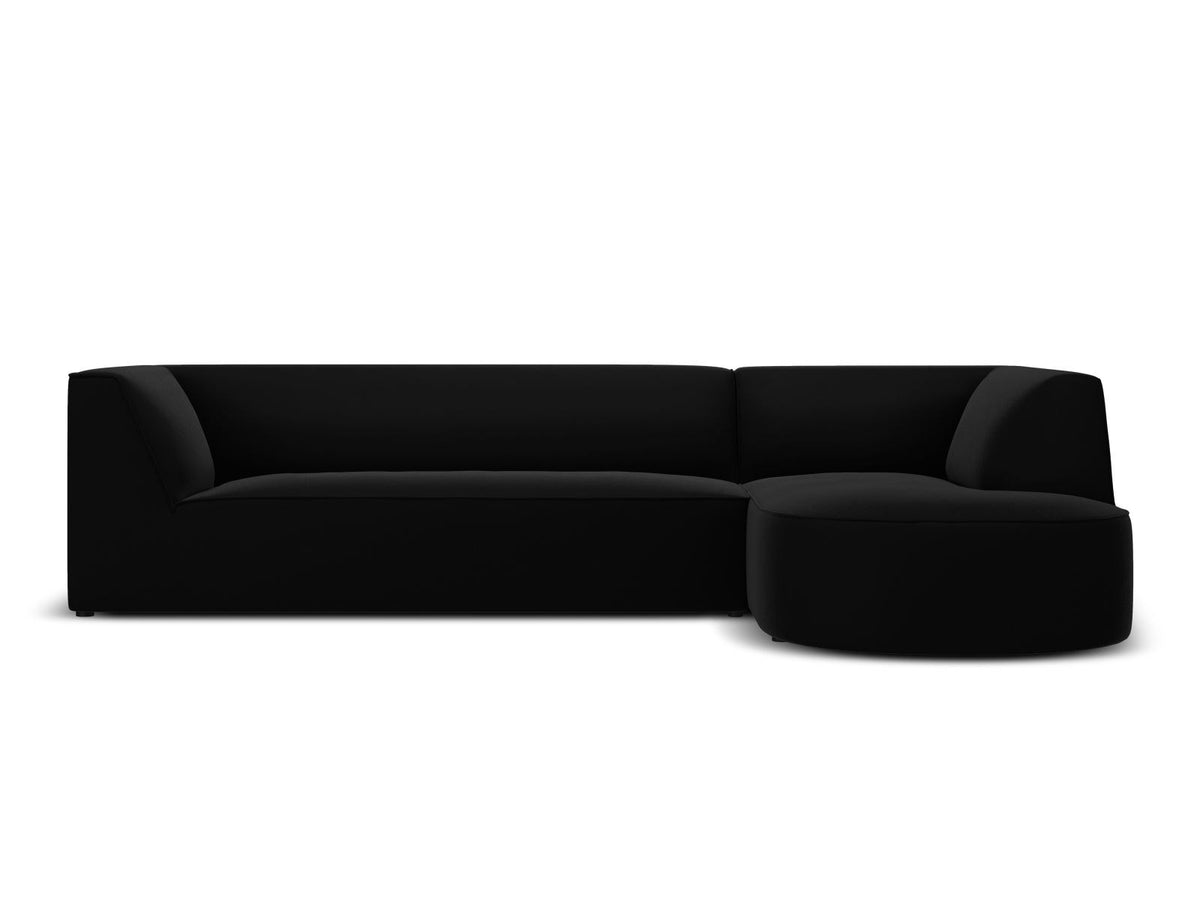 Modulares Ecksofa rechts Siena in Beige-Salvador Samtstoff mit schwarzen Kunststoffbeinen, Récamiere und Massivholzrahmen, 4-Sitzer, 180 cm.