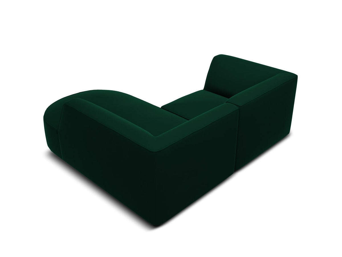 Modulares Ecksofa Siena in Beige-Salvador Samtstoff mit Récamiere, schwarzen Kunststoffbeinen und massivem Holzrahmen, rechts ausgerichtet.