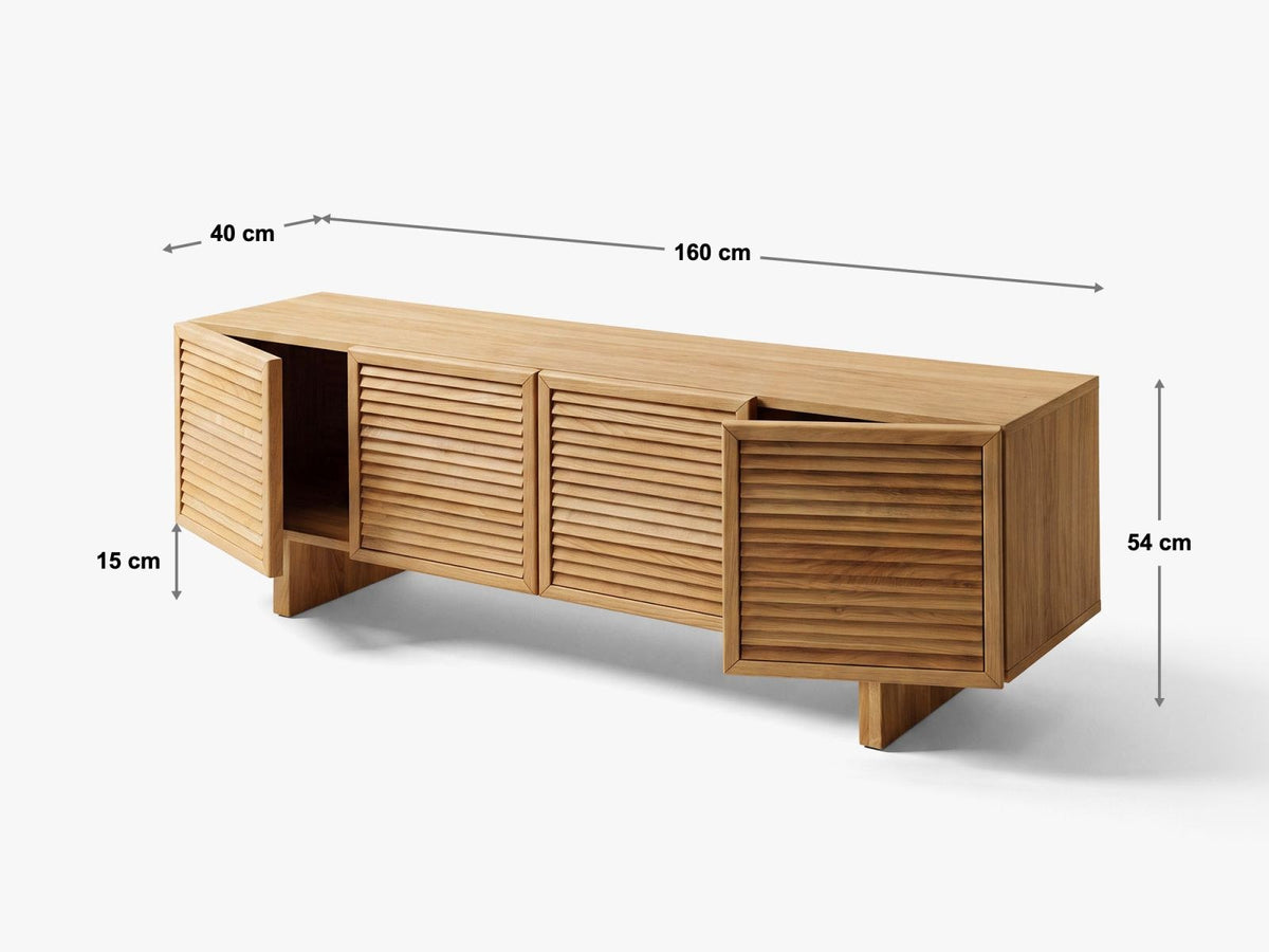 Arta TV-Schrank 40cm aus massivem Wildeichenholz, Natural Oak-Wood, mit sichtbaren Ästen, Rissen und Holzbeinen, freistehend fotografiert.