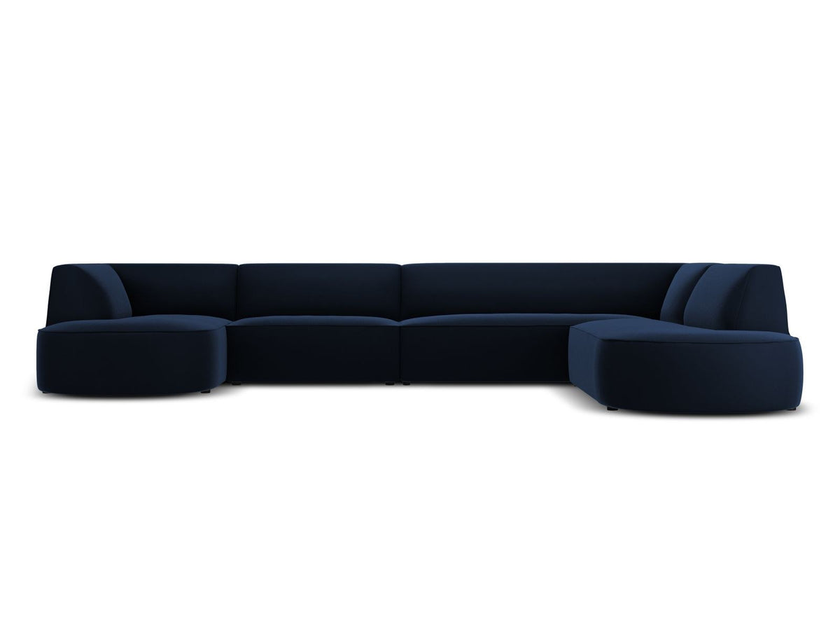 Panorama-Ecksofa rechts Siena mit Samtbezug in Bottle Green, Holzrahmen und schwarzen Kunststoffbeinen, 7 Sitzplätze, 273cm Tiefe.