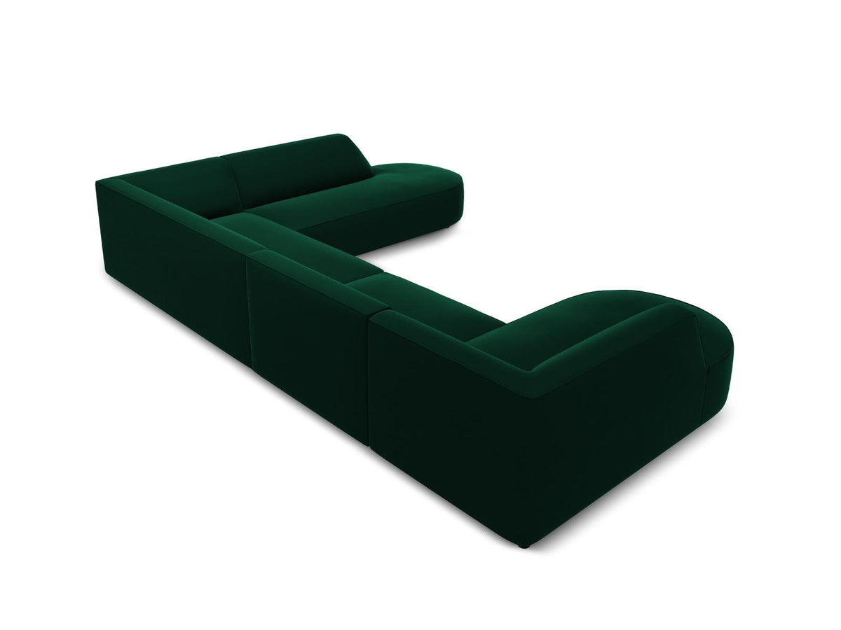 Panorama-Ecksofa rechts Siena mit Samtbezug in Bottle Green, Holzrahmen und schwarzen Kunststoffbeinen, 7 Sitzplätze, 273cm Tiefe.