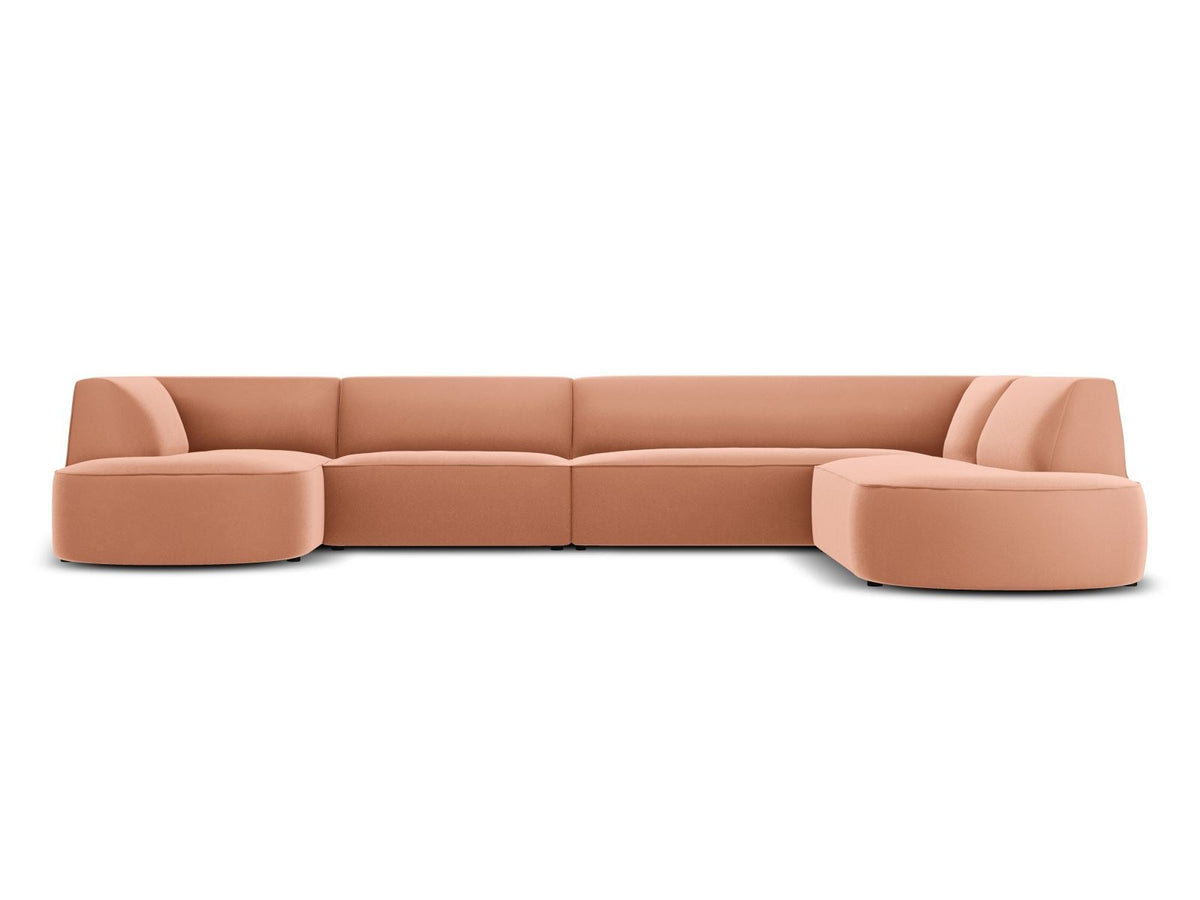 Panorama-Ecksofa rechts Siena mit Samtbezug in Bottle Green, Holzrahmen und schwarzen Kunststoffbeinen, 7 Sitzplätze, 273cm Tiefe.