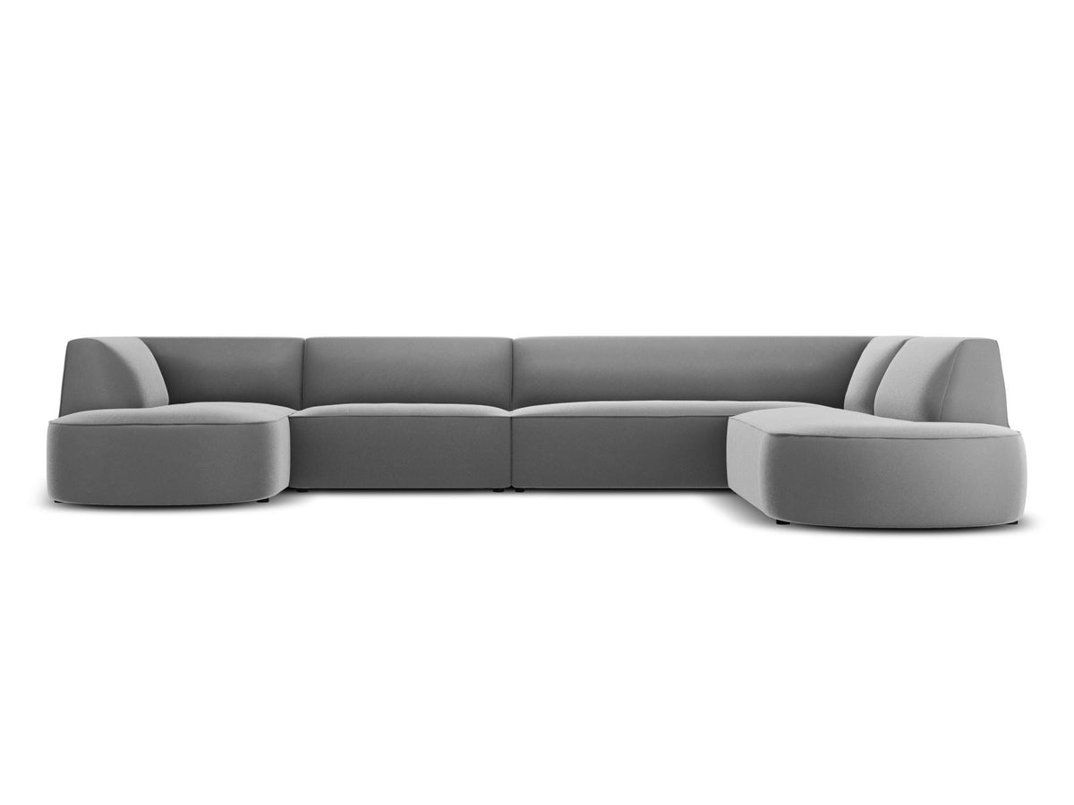 Panorama-Ecksofa rechts Siena mit Samtbezug in Bottle Green, Holzrahmen und schwarzen Kunststoffbeinen, 7 Sitzplätze, 273cm Tiefe.