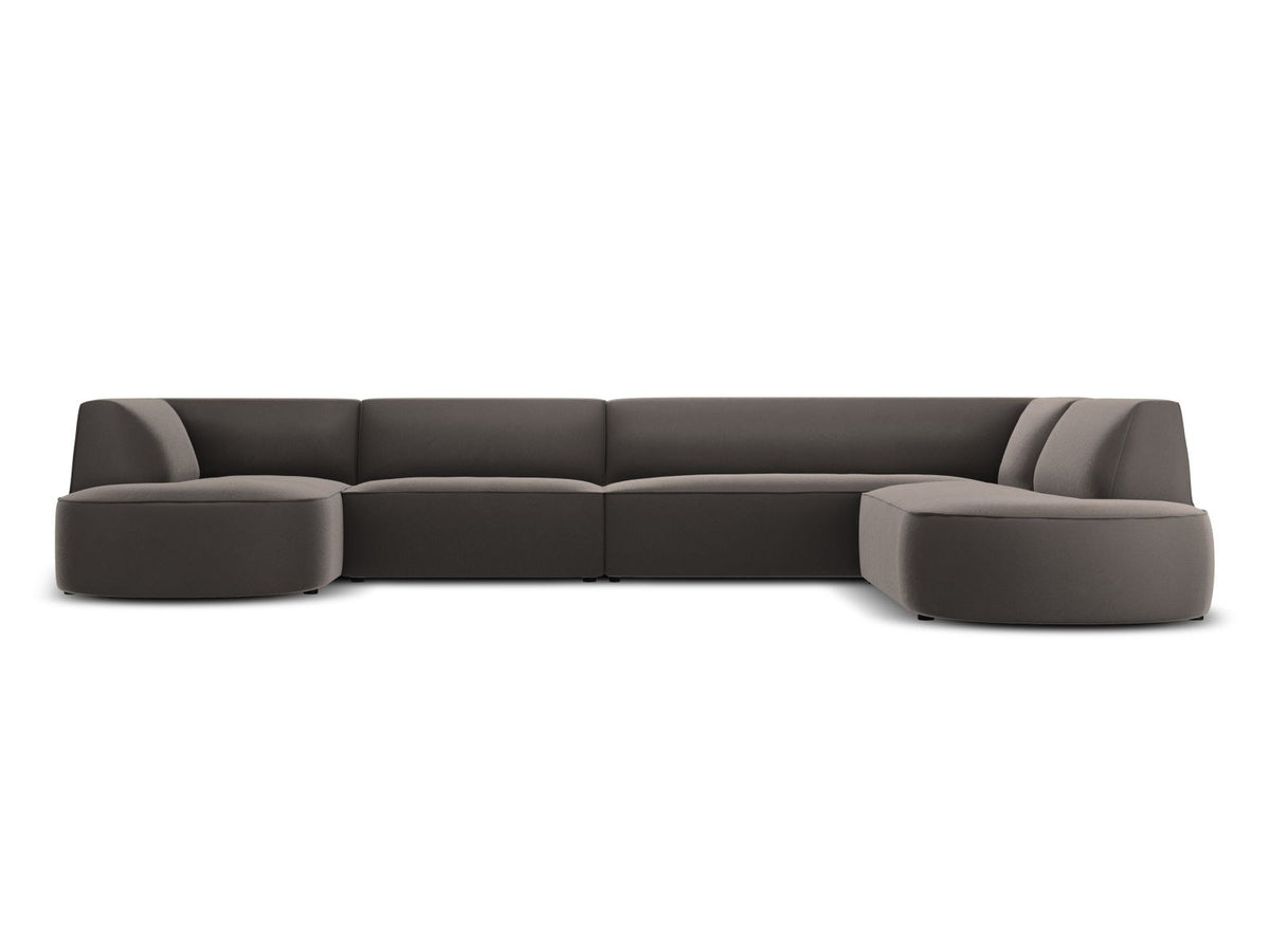 Panorama-Ecksofa rechts Siena mit Samtbezug in Bottle Green, Holzrahmen und schwarzen Kunststoffbeinen, 7 Sitzplätze, 273cm Tiefe.