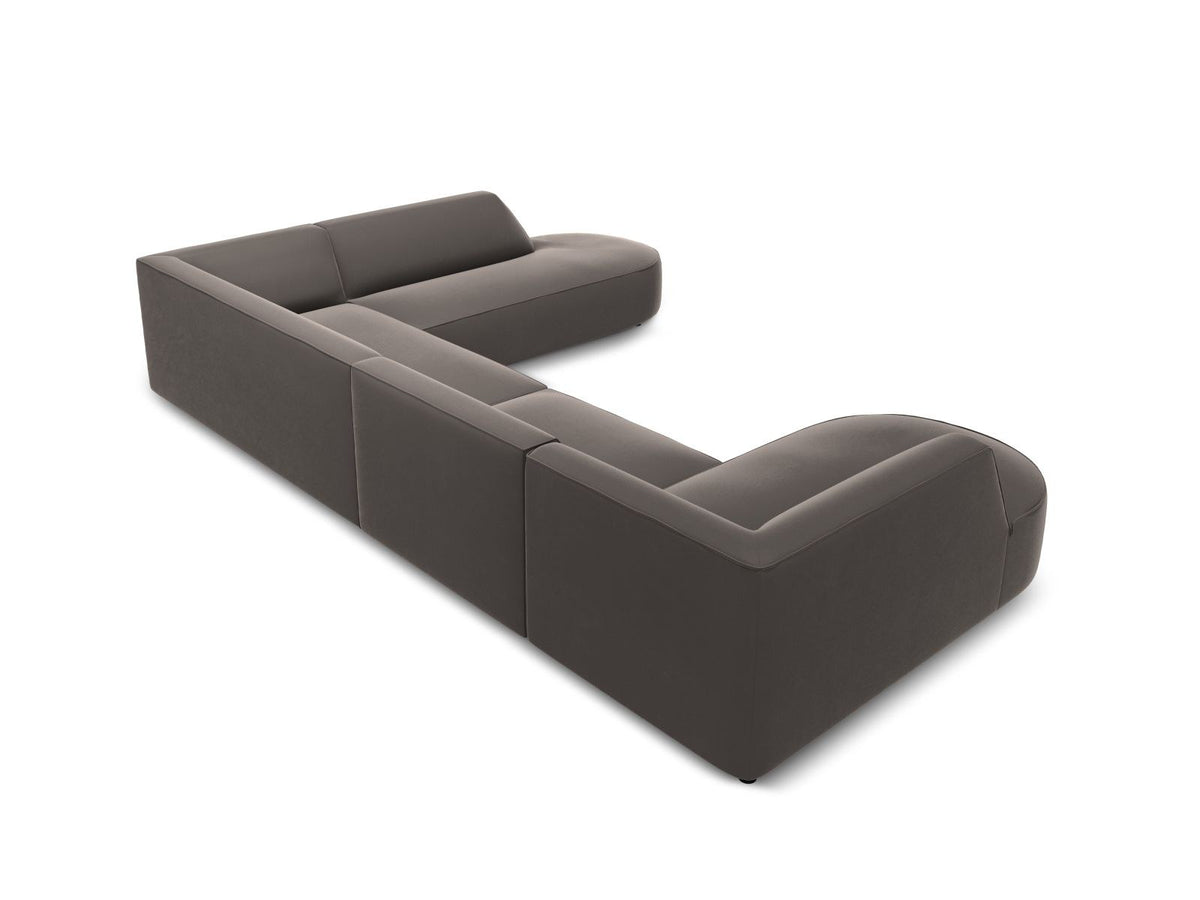 Panorama-Ecksofa rechts Siena mit Samtbezug in Bottle Green, Holzrahmen und schwarzen Kunststoffbeinen, 7 Sitzplätze, 273cm Tiefe.
