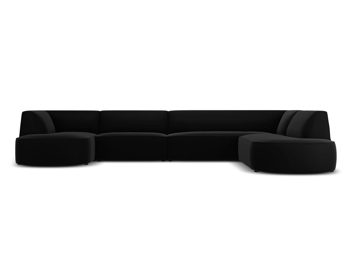 Panorama-Ecksofa rechts Siena mit Samtbezug in Bottle Green, Holzrahmen und schwarzen Kunststoffbeinen, 7 Sitzplätze, 273cm Tiefe.