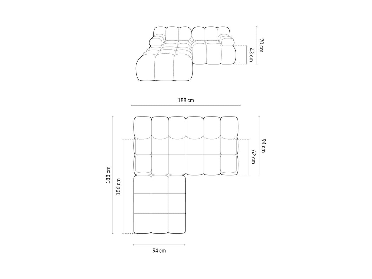 Modulares 3-Sitzer Sofa mit Samtbezug, Massivholzrahmen und schwarzen Kunststoffbeinen, Récamiere-Element, Grösse 188x188x70cm.