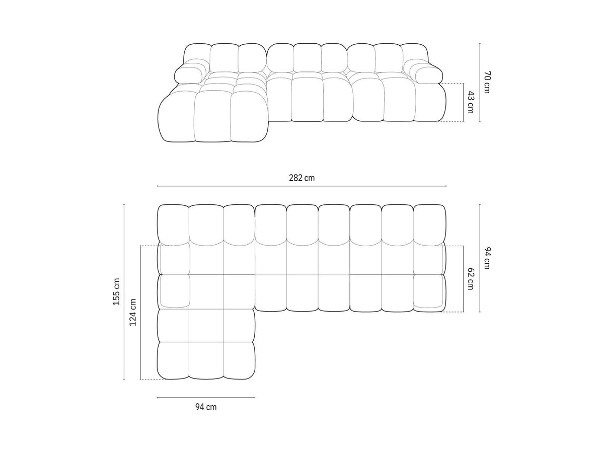 Modulares Ecksofa mit rosa Samtstoff, schwarzen Kunststoffbeinen und gepolsterter Récamiere, Ansicht von vorne links.