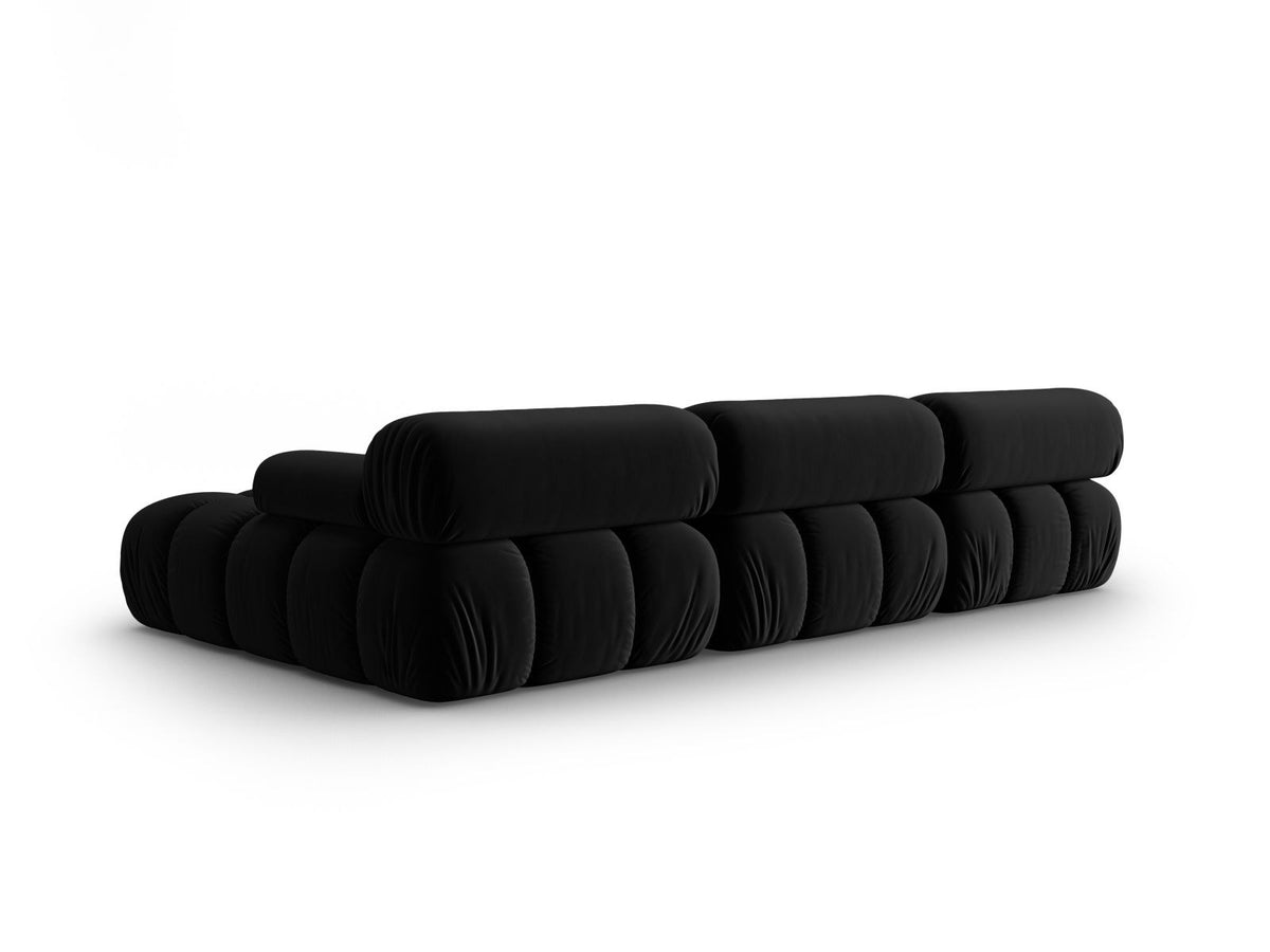Cortina Samt-Modul-Ecksofa rechts in Pink-Bluvel, moderne Sitzlandschaft mit Récamiere und schwarzen Kunststoffbeinen.