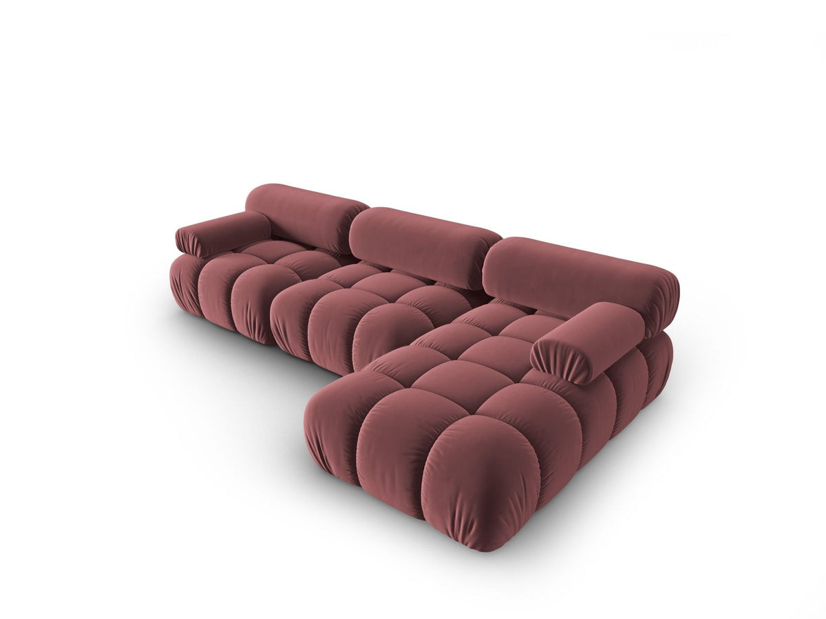 Cortina Samt-Modul-Ecksofa rechts in Pink-Bluvel, moderne Sitzlandschaft mit Récamiere und schwarzen Kunststoffbeinen.