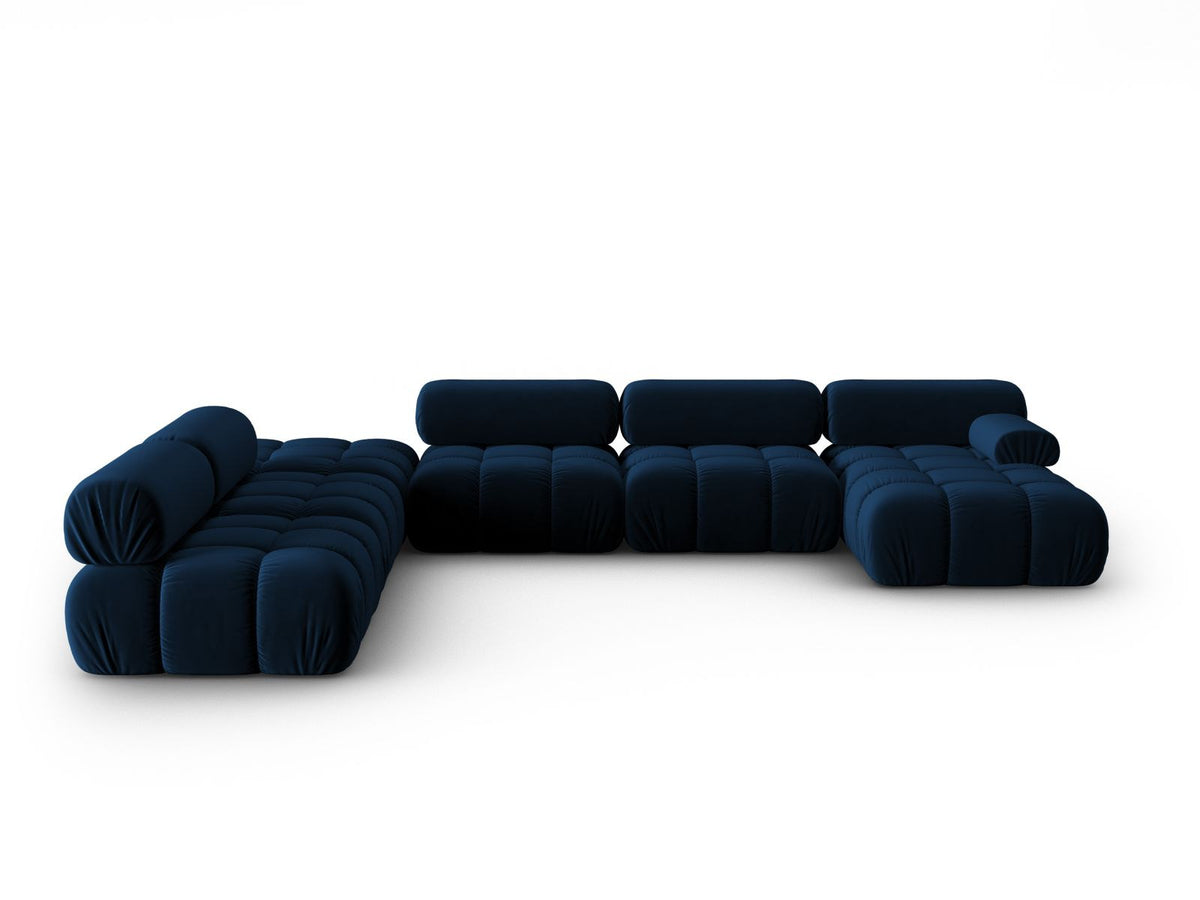 Cortina Modul-Ecksofa links von Cosmopolitan Design in Pink-Bluvel-Samt, 7-Sitzer, Panorama-Form mit Récamiere, schwarze Kunststoffbeine.