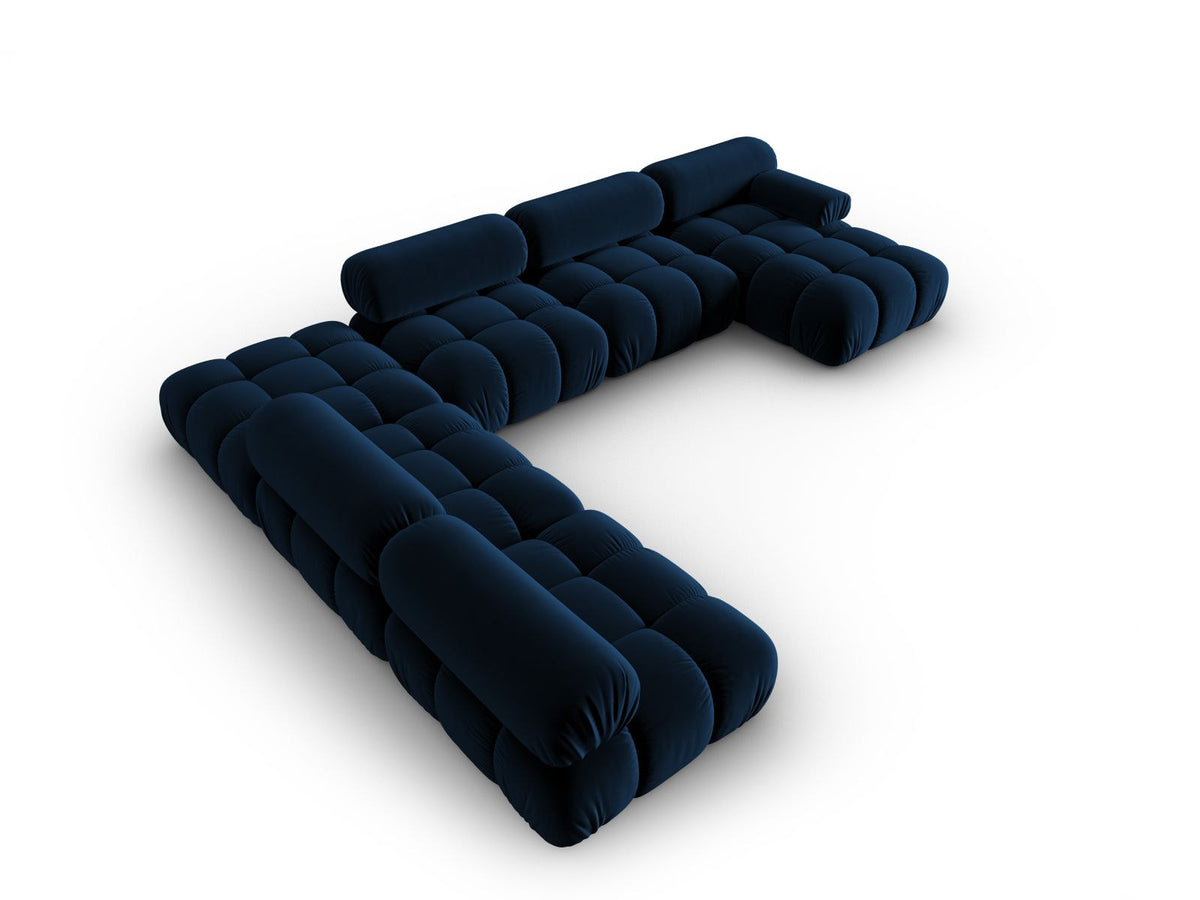 Cortina Modul-Ecksofa links von Cosmopolitan Design in Pink-Bluvel-Samt, 7-Sitzer, Panorama-Form mit Récamiere, schwarze Kunststoffbeine.